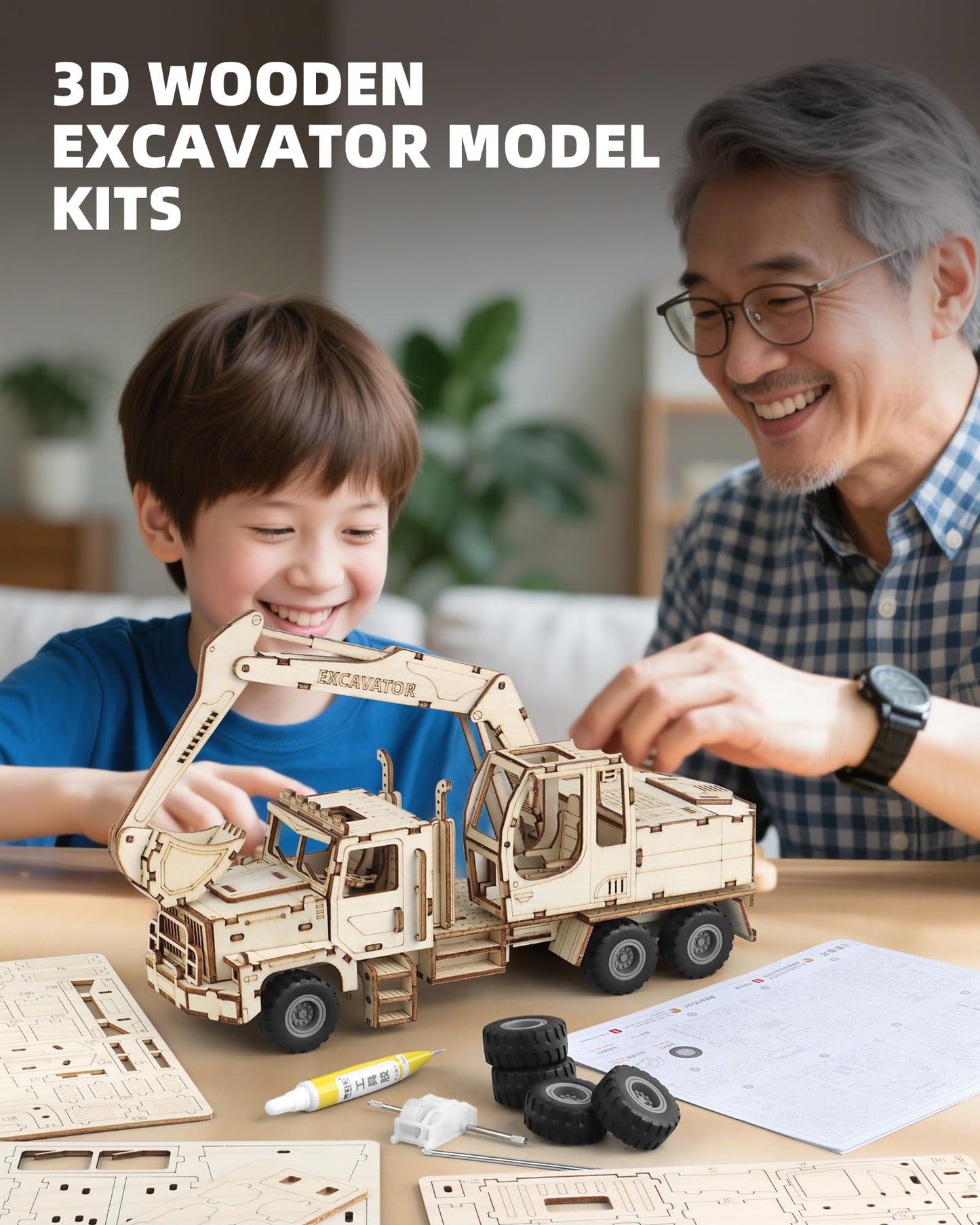 MOCBURIKU 3D Excavator Puzzle for Adults — 1:18 Wooden Model Kit with Pull-Back