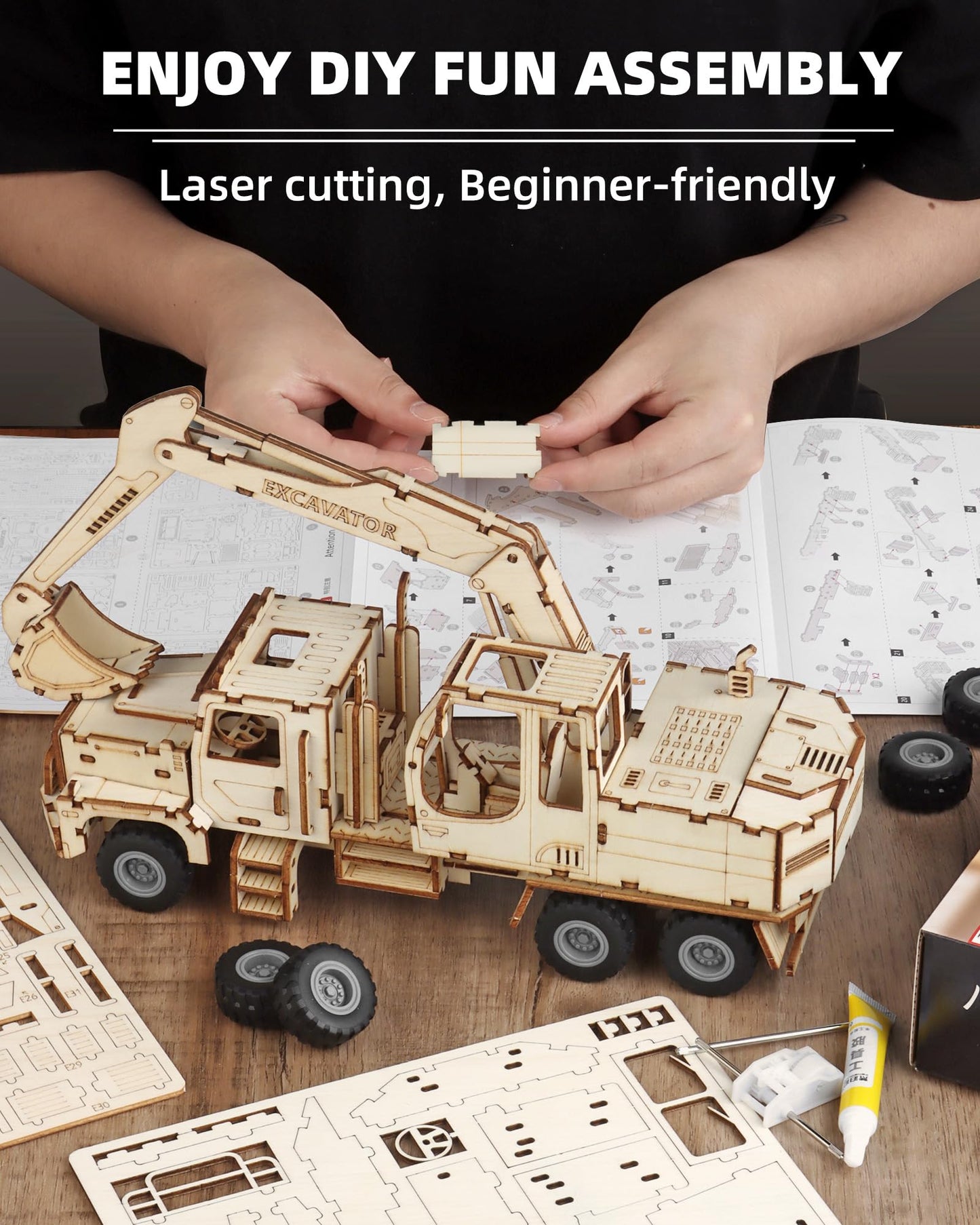 MOCBURIKU 3D Excavator Puzzle for Adults — 1:18 Wooden Model Kit with Pull-Back