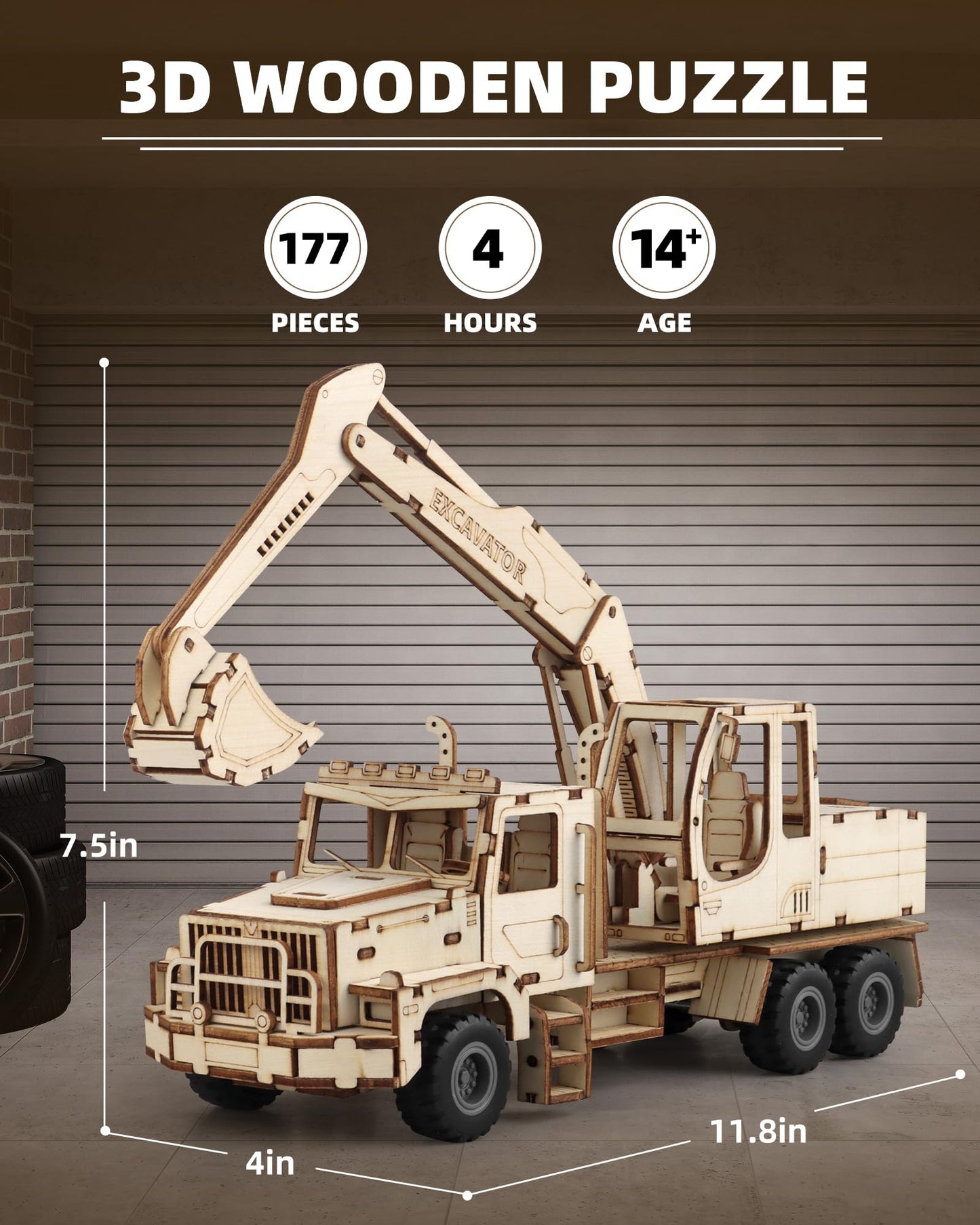 MOCBURIKU 3D Excavator Puzzle for Adults — 1:18 Wooden Model Kit with Pull-Back