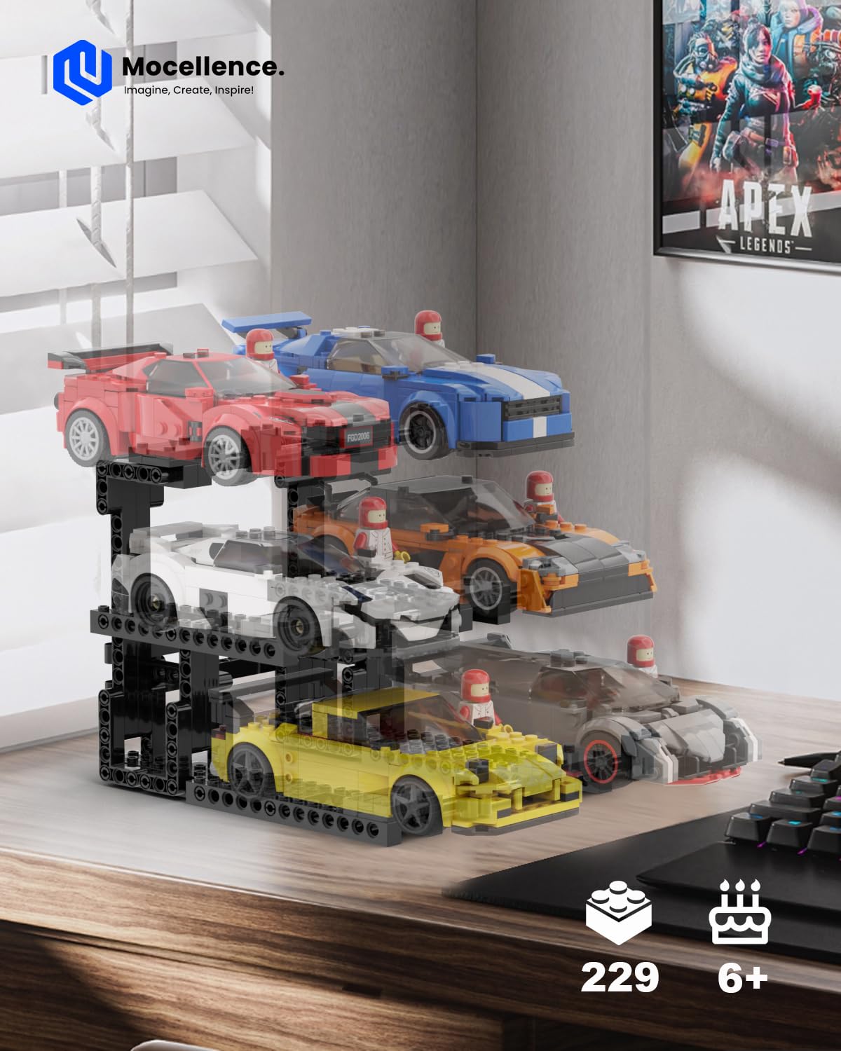 Mocellence Display Stand for Lego Speed Champions Cars – 3-Layer, Holds 6 Models, Compatible with 76917, 76908, 76918 & More