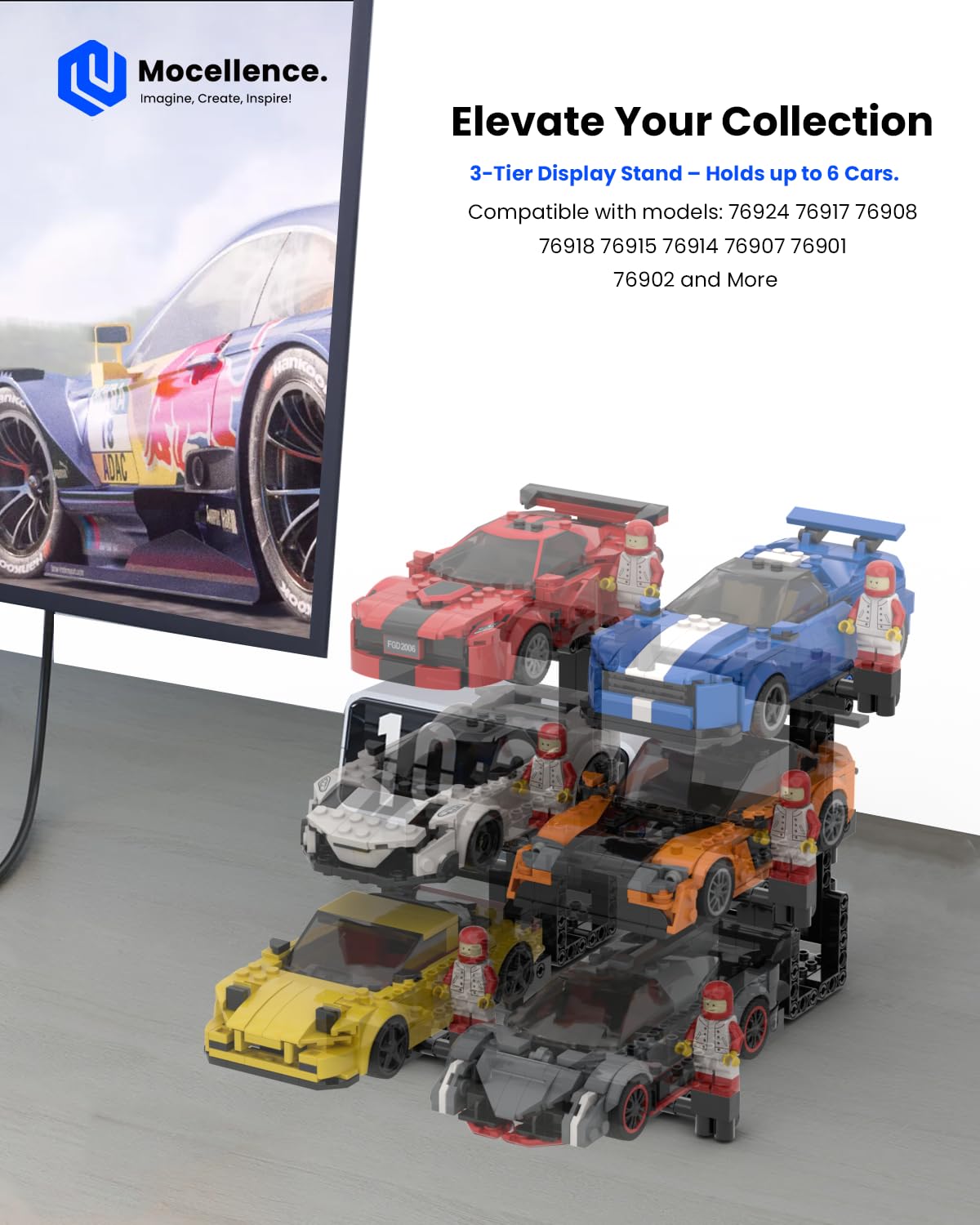 Mocellence Display Stand for Lego Speed Champions Cars – 3-Layer, Holds 6 Models, Compatible with 76917, 76908, 76918 & More