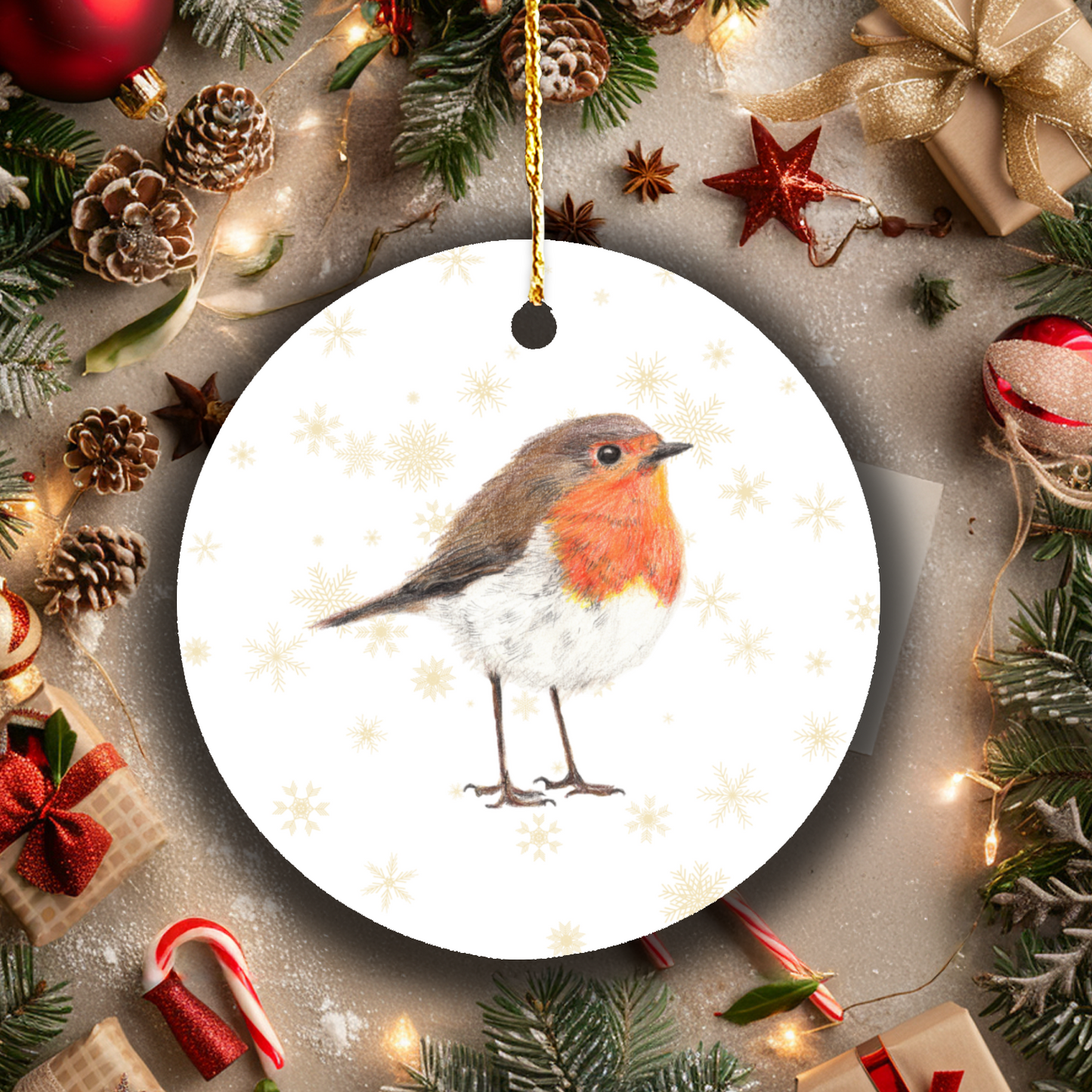 Robin Christmas Tree Ornament – Hand-Drawn Woodland Wildlife Decor Gift
