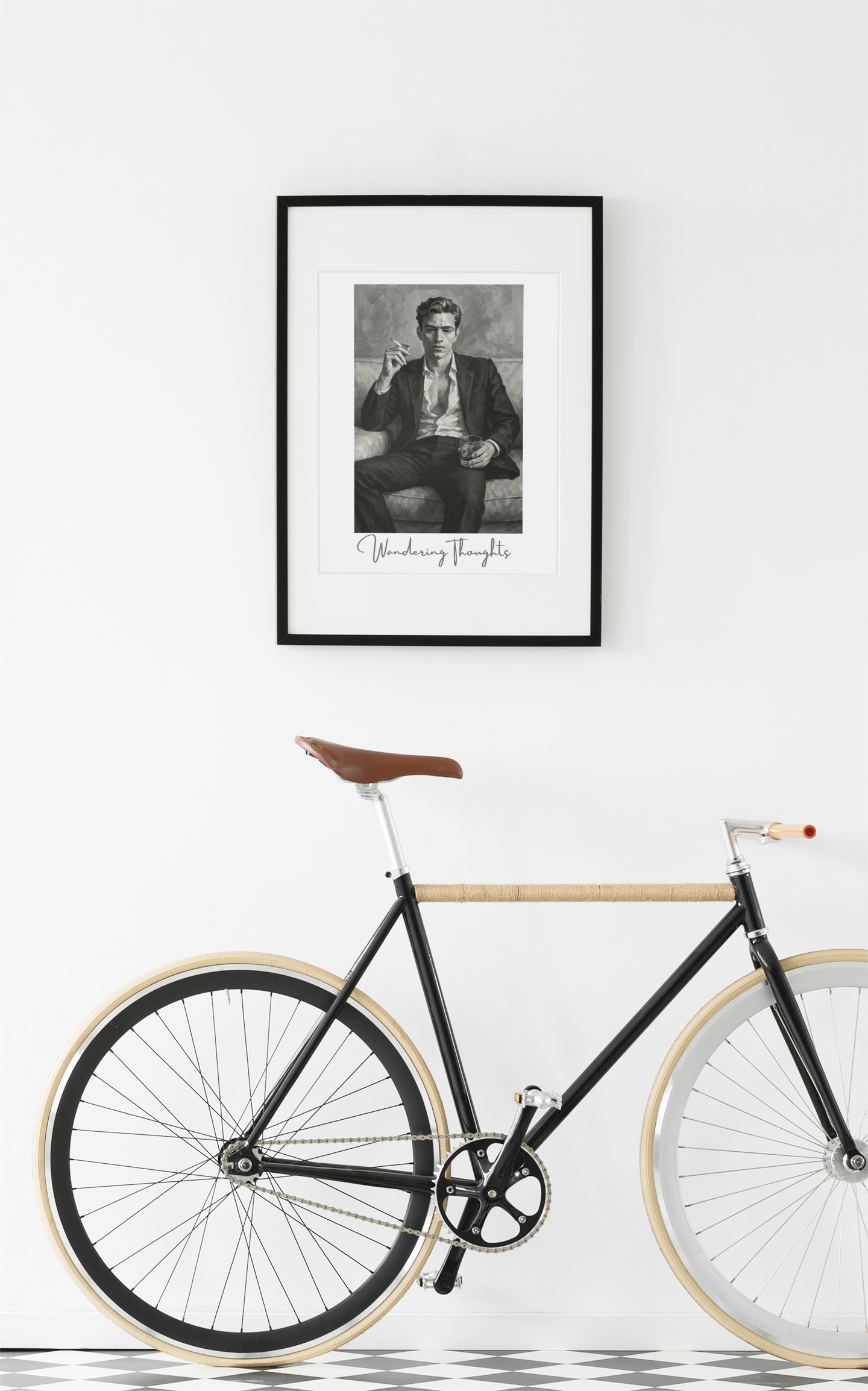 Contemplative Mood Poster. Stylish Man with Whiskey & Cigarette - Retro Decor