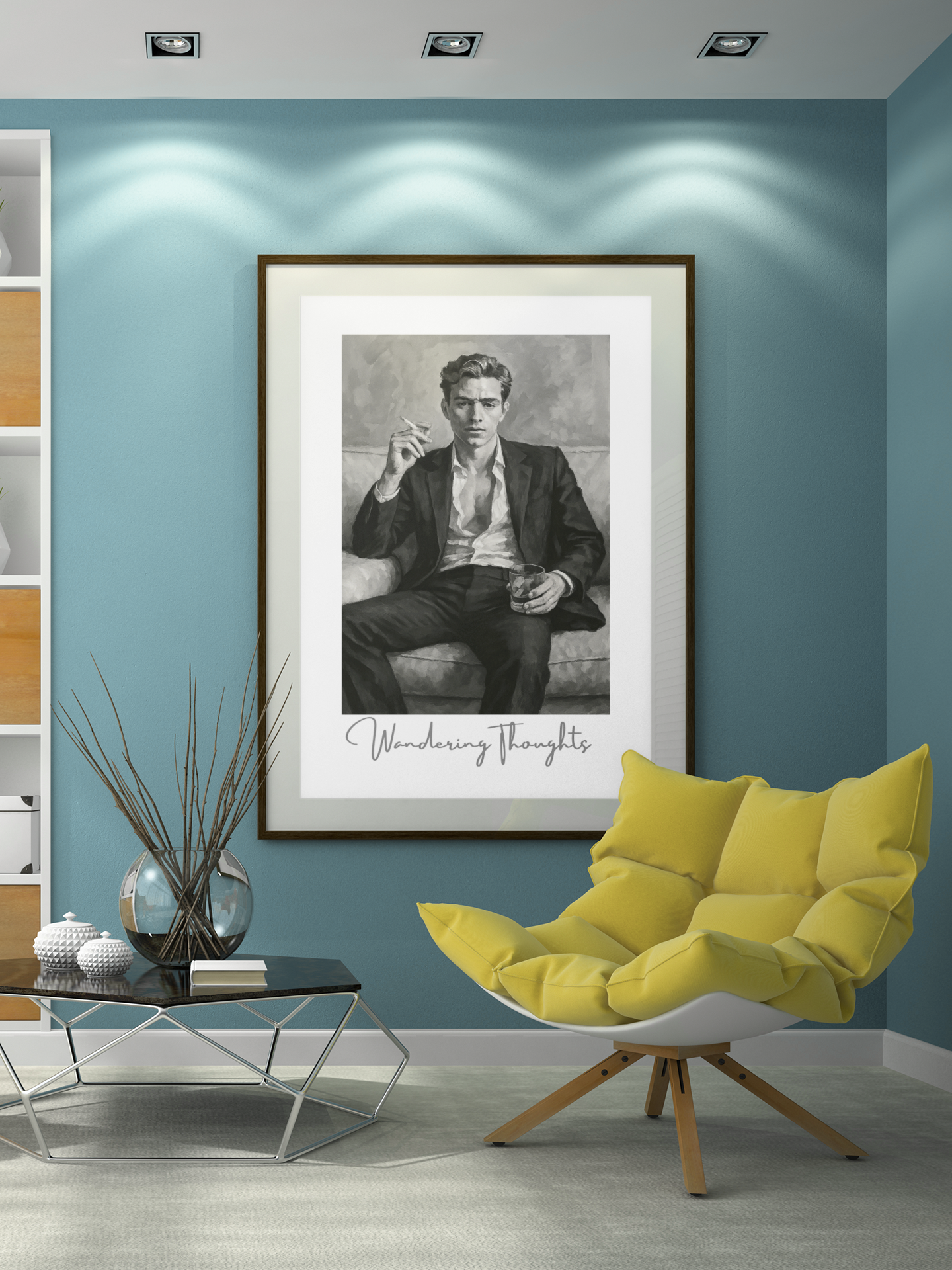 Contemplative Mood Poster. Stylish Man with Whiskey & Cigarette - Retro Decor
