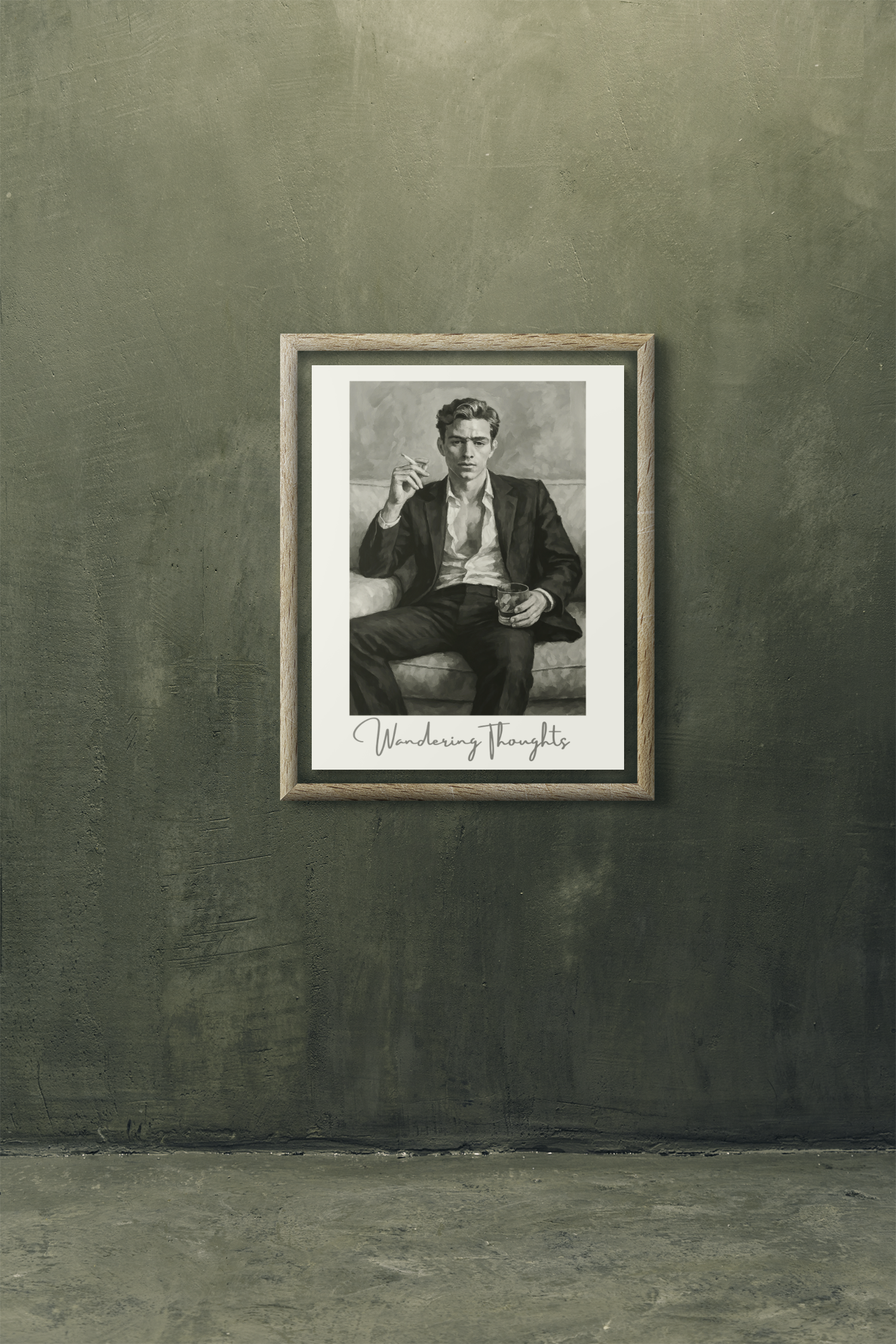 Contemplative Mood Poster. Stylish Man with Whiskey & Cigarette - Retro Decor