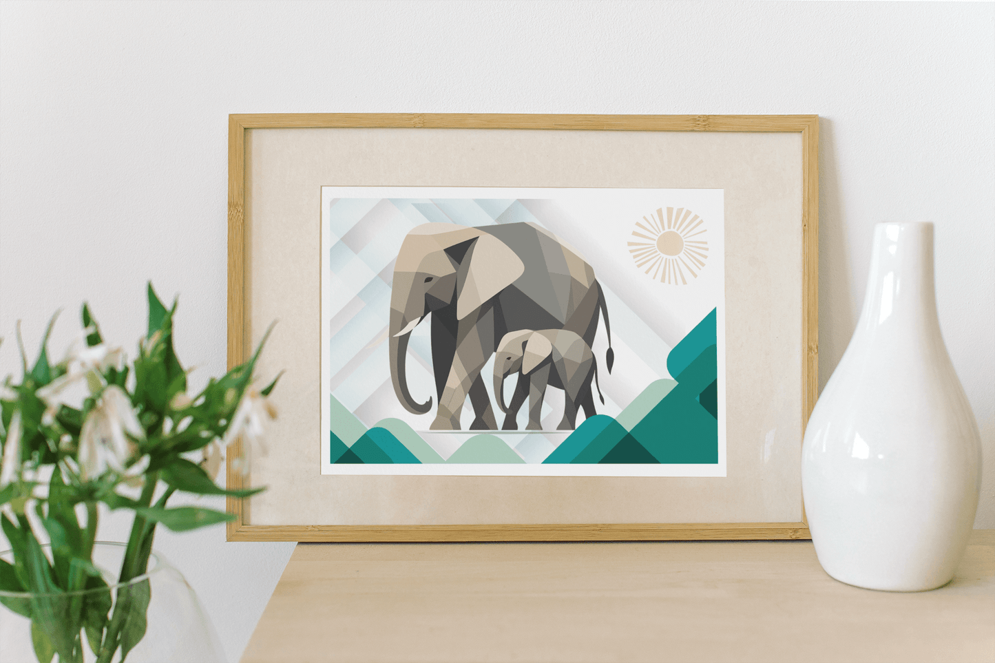 Elephant Duo Wall Art - Neutral Geometric Wildlife Illustration - Eco-Friendly Poster