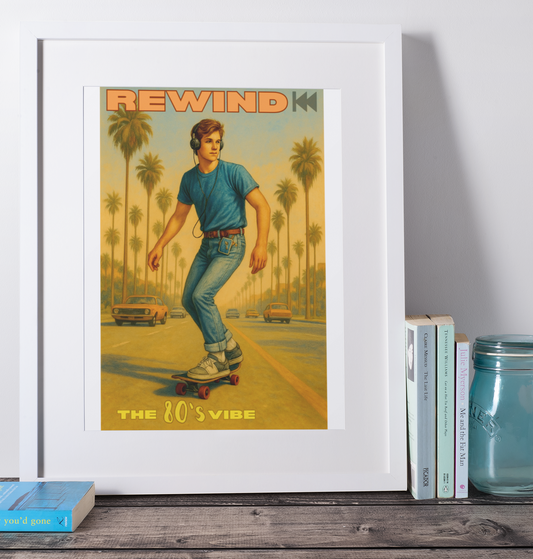 Retro 80's Vibe Poster – Skateboarder with Walkman