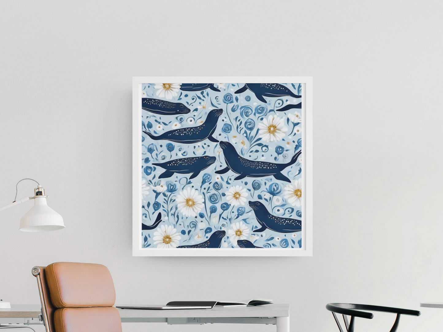 Whimsical Seal and Daisy Framed Wall Art – Coastal Nature Print, Ready to Hang