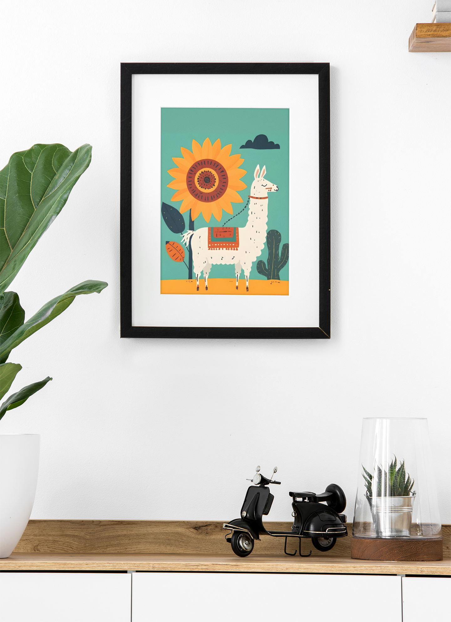 Whimsical Llama Folk Art Poster - Boho Wall Decor - Modern Mid-Century Colors