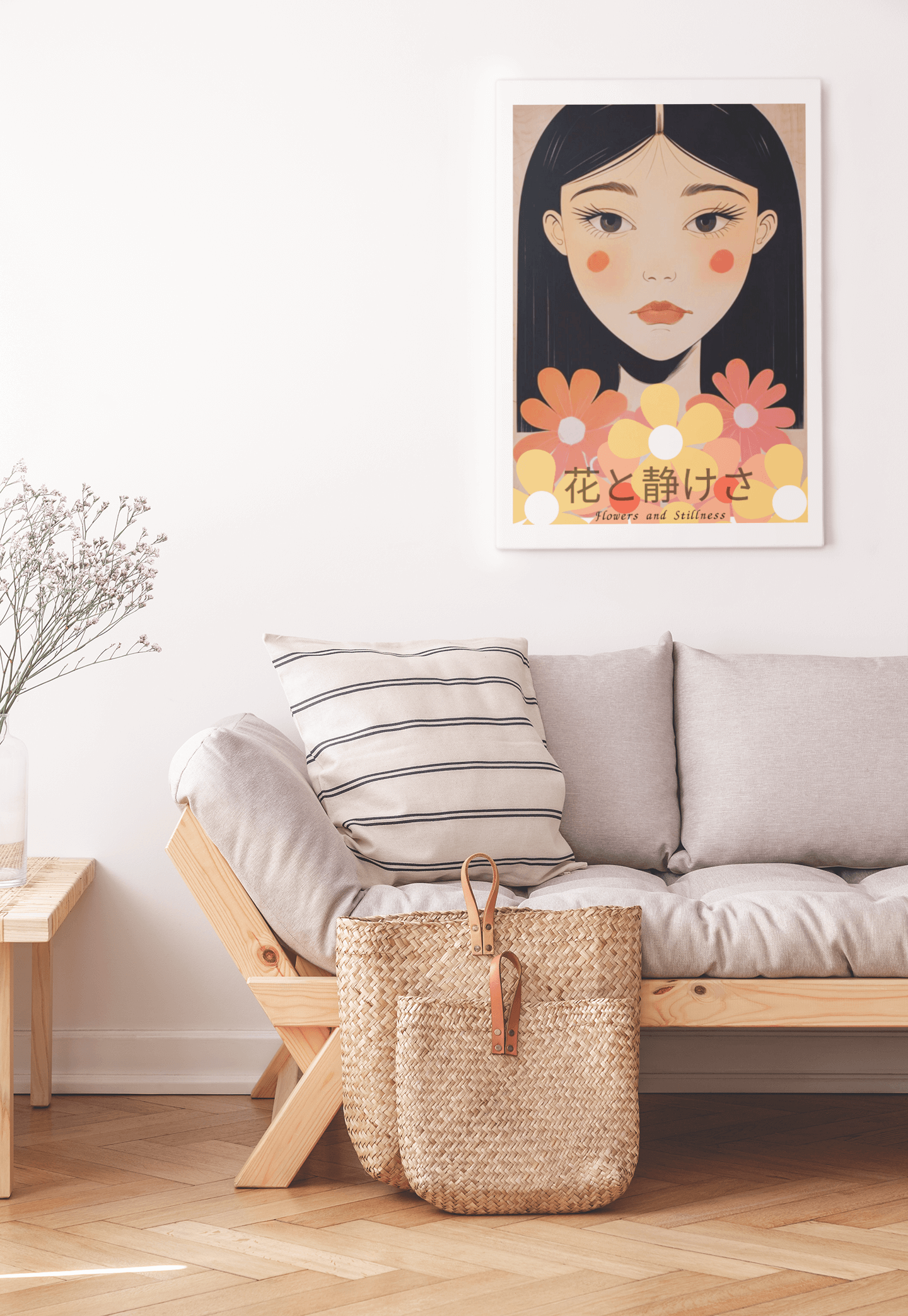 Japanese Portrait Art Print - Flowers & Stillness
