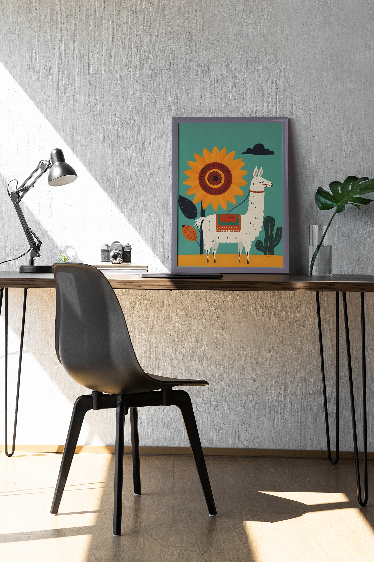 Whimsical Llama Folk Art Poster - Boho Wall Decor - Modern Mid-Century Colors