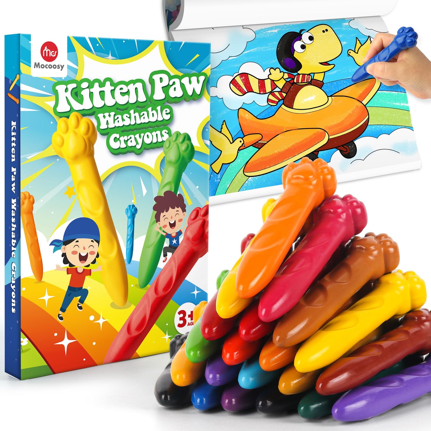 Mocoosy 18 Colors Jumbo Crayons for Toddlers – Washable, Non-Toxic Coloring Set with Coloring Book (Ages 18m+)