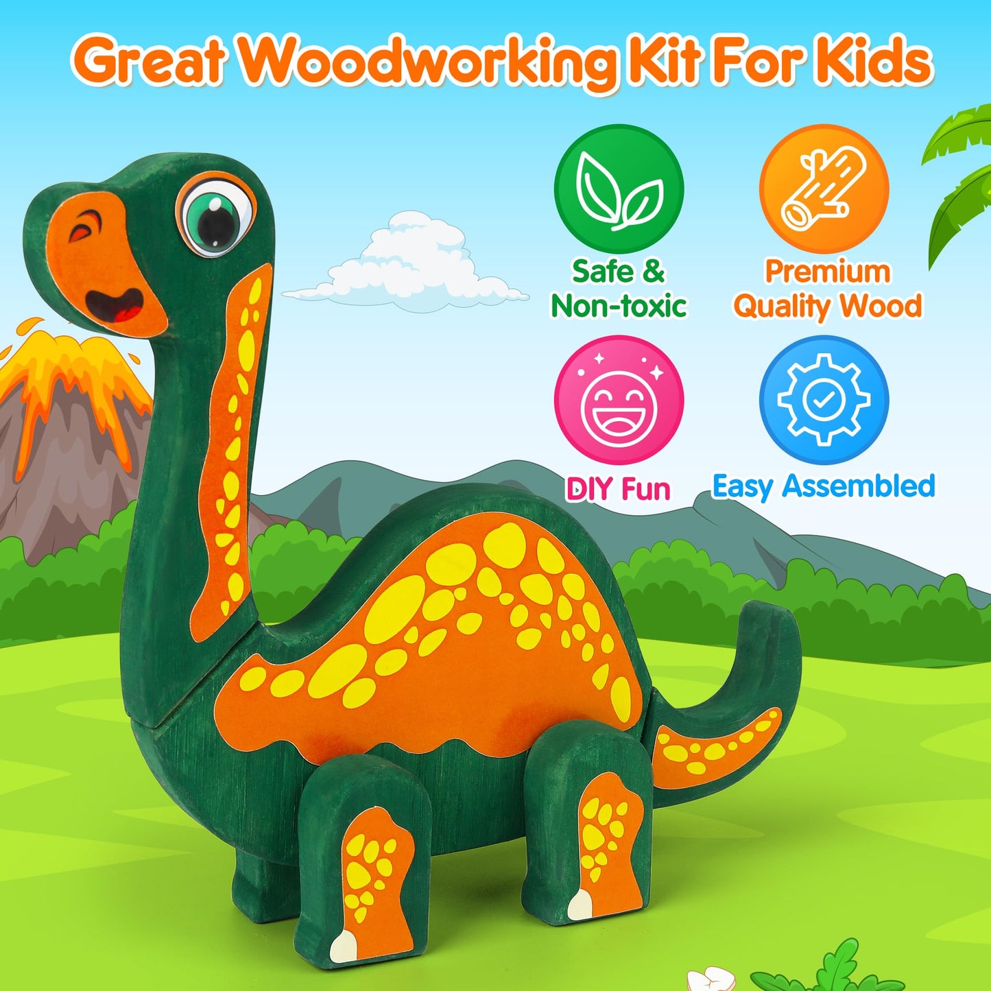 Mocoosy Wooden Dinosaur Craft Kit for Kids 3-5 — Build, Paint & Decorate 4 Dinosaurs