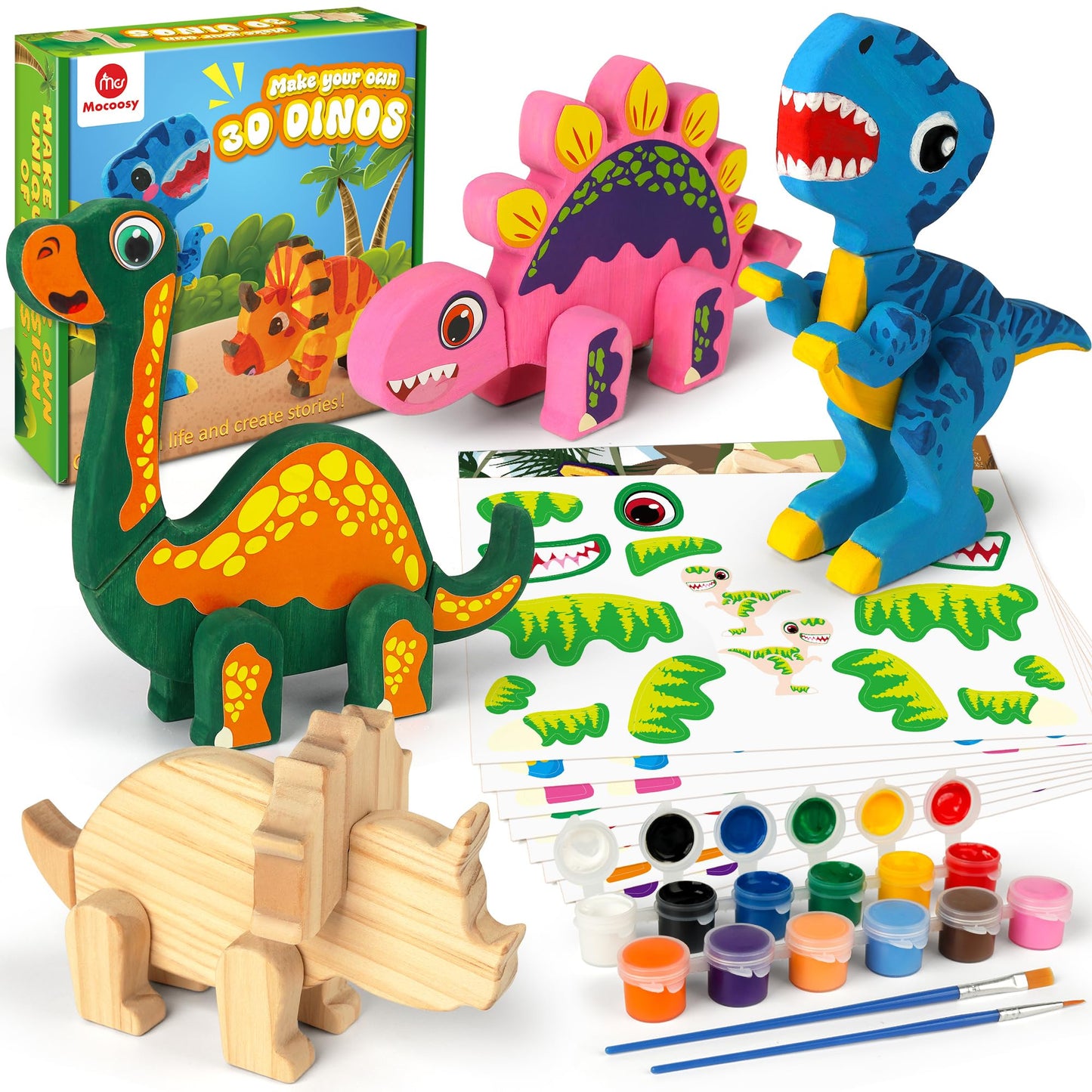 Mocoosy Wooden Dinosaur Craft Kit for Kids 3-5 — Build, Paint & Decorate 4 Dinosaurs