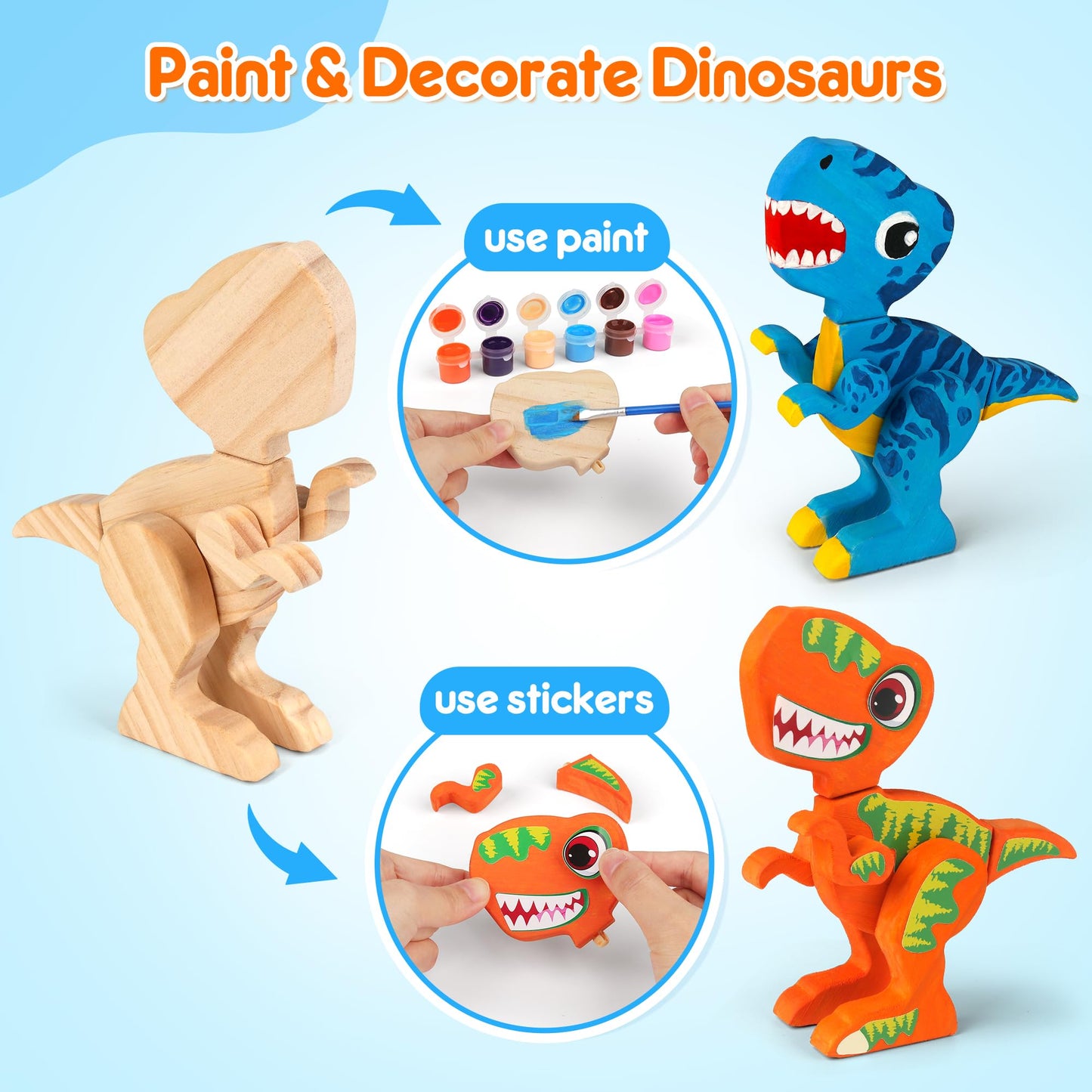 Mocoosy Wooden Dinosaur Craft Kit for Kids 3-5 — Build, Paint & Decorate 4 Dinosaurs