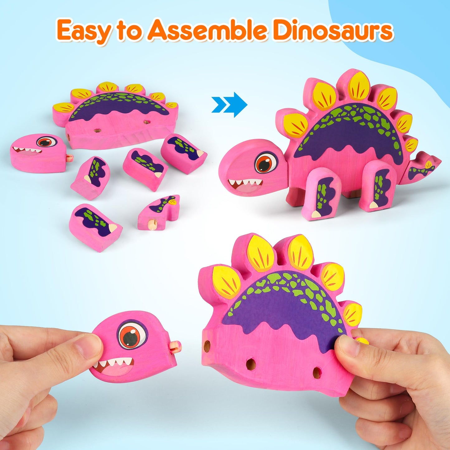 Mocoosy Wooden Dinosaur Craft Kit for Kids 3-5 — Build, Paint & Decorate 4 Dinosaurs