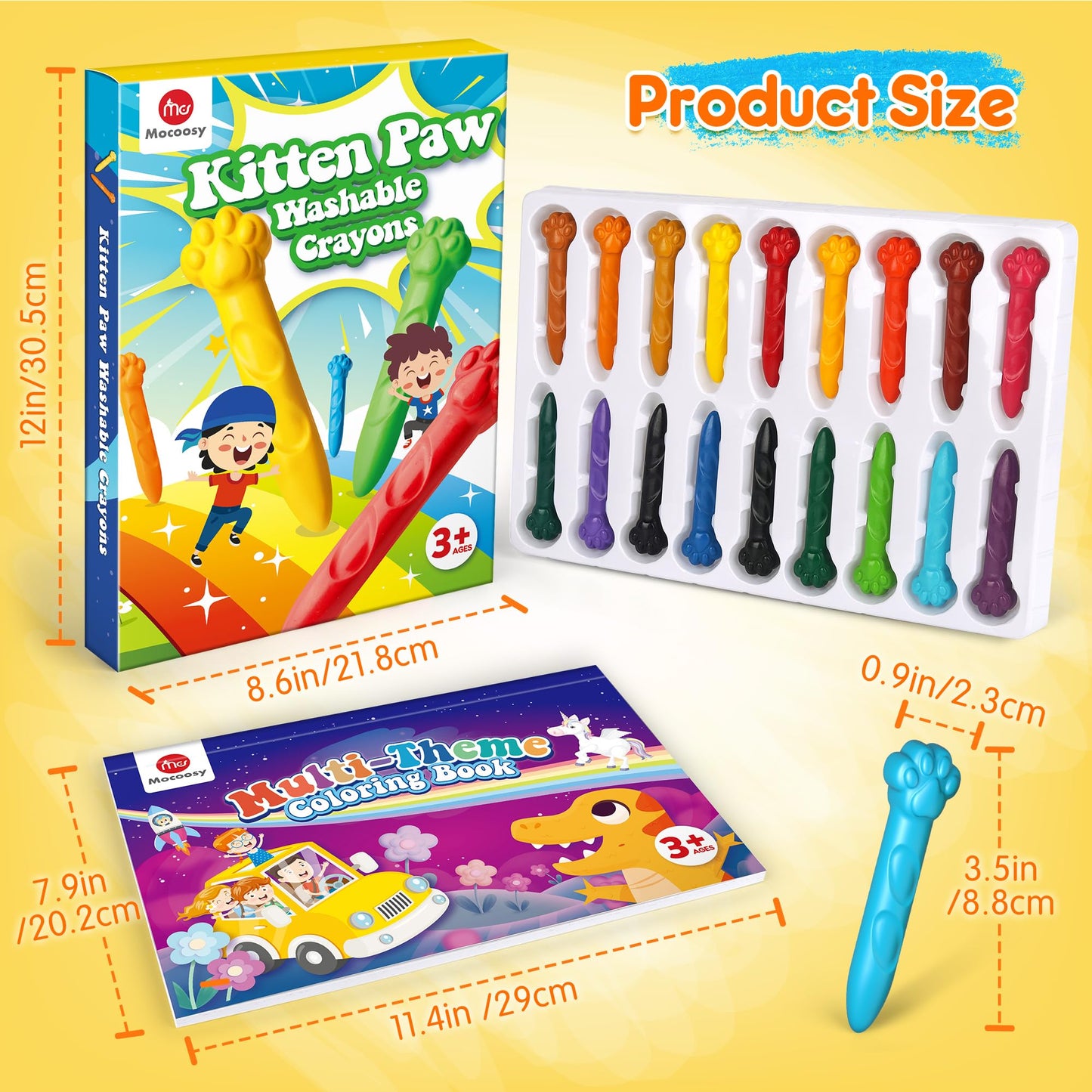 Mocoosy 18 Colors Jumbo Crayons for Toddlers – Washable, Non-Toxic Coloring Set with Coloring Book (Ages 18m+)