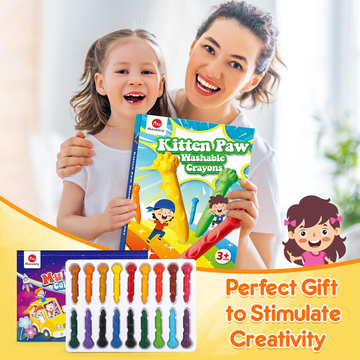 Mocoosy 18 Colors Jumbo Crayons for Toddlers – Washable, Non-Toxic Coloring Set with Coloring Book (Ages 18m+)