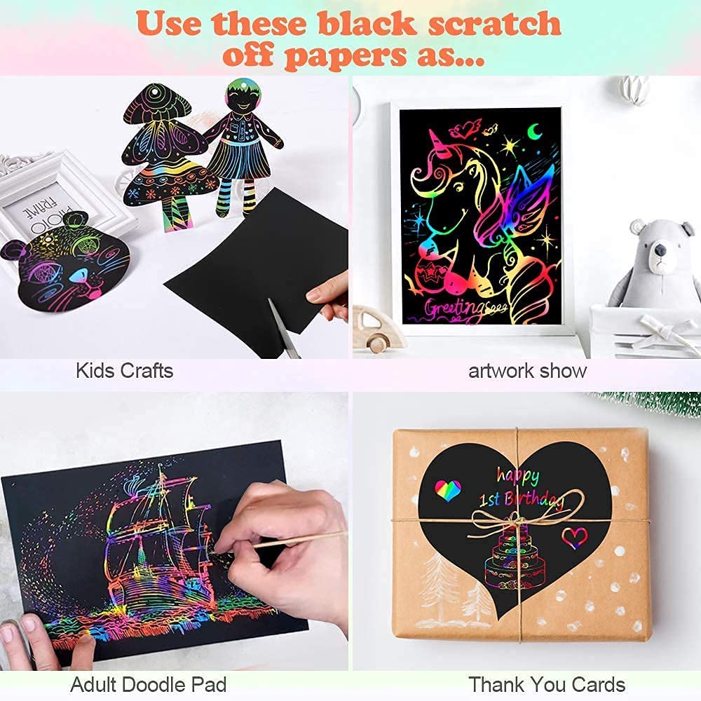Mocoosy Rainbow Scratch Art Paper Set – 60 Pcs Kit with Stencils & Wooden Stylus