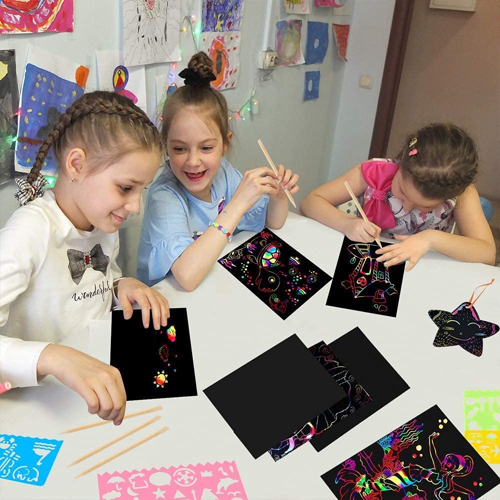 Mocoosy Rainbow Scratch Art Paper Set – 60 Pcs Kit with Stencils & Wooden Stylus