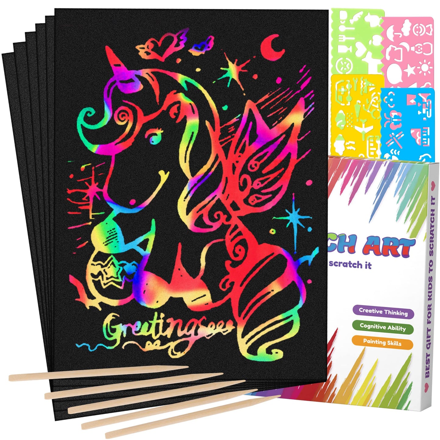 Mocoosy Rainbow Scratch Art Paper Set – 60 Pcs Kit with Stencils & Wooden Stylus