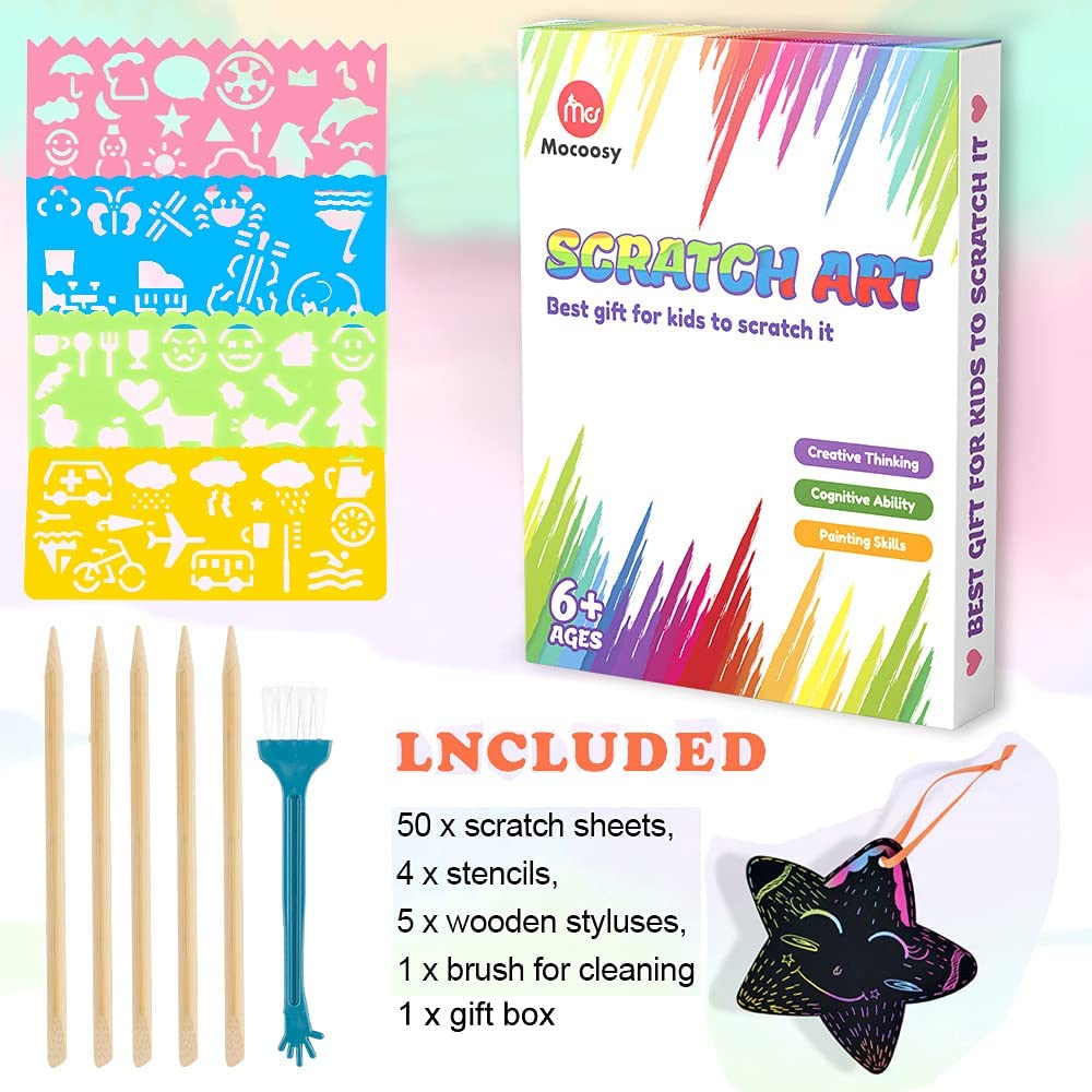 Mocoosy Rainbow Scratch Art Paper Set – 60 Pcs Kit with Stencils & Wooden Stylus