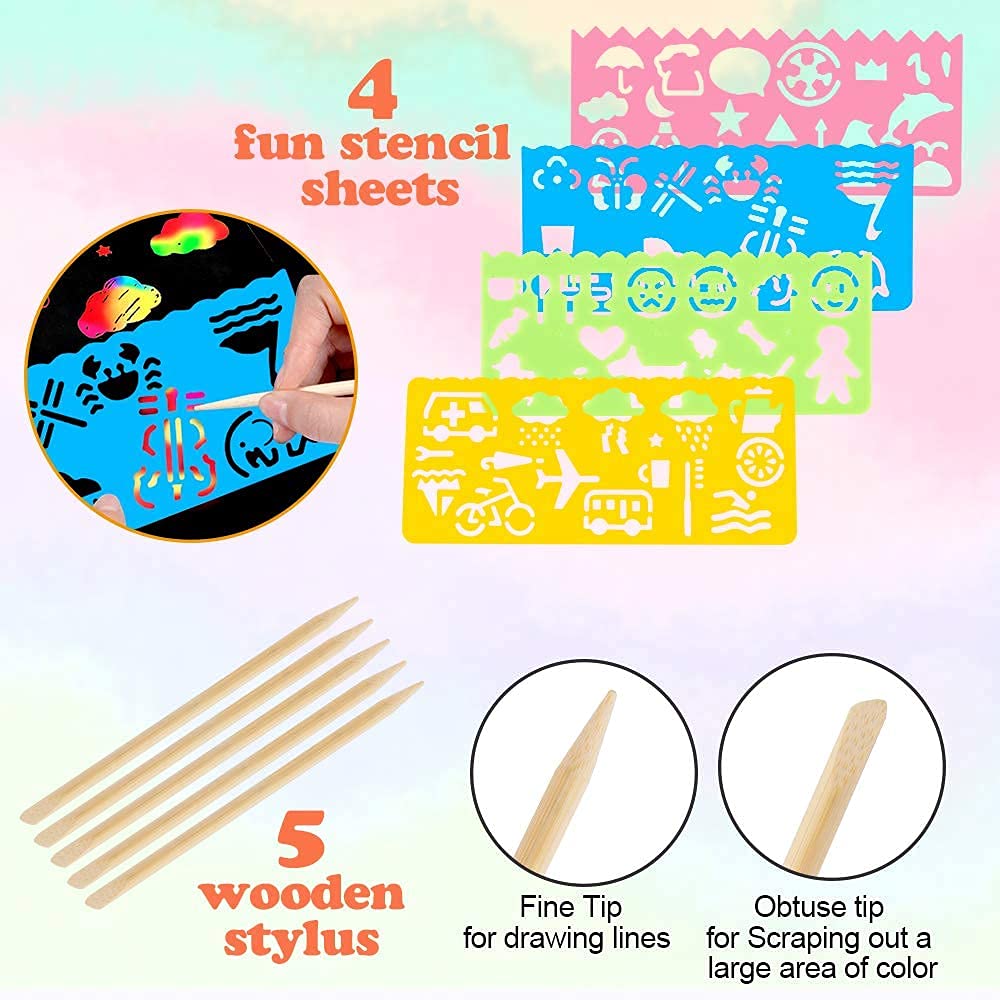 Mocoosy Rainbow Scratch Art Paper Set – 60 Pcs Kit with Stencils & Wooden Stylus