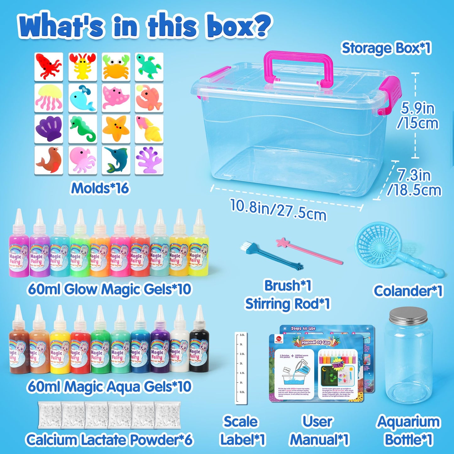 Mocoosy Magic Water Elf Toy Kit for Kids — Glow-in-the-Dark Aqua Gel Kit with 20 Gels & 16 Molds