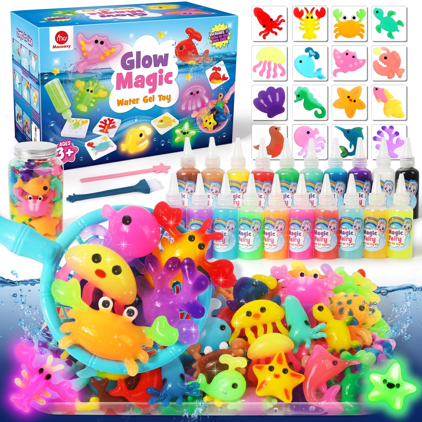 Mocoosy Magic Water Elf Toy Kit for Kids — Glow-in-the-Dark Aqua Gel Kit with 20 Gels & 16 Molds