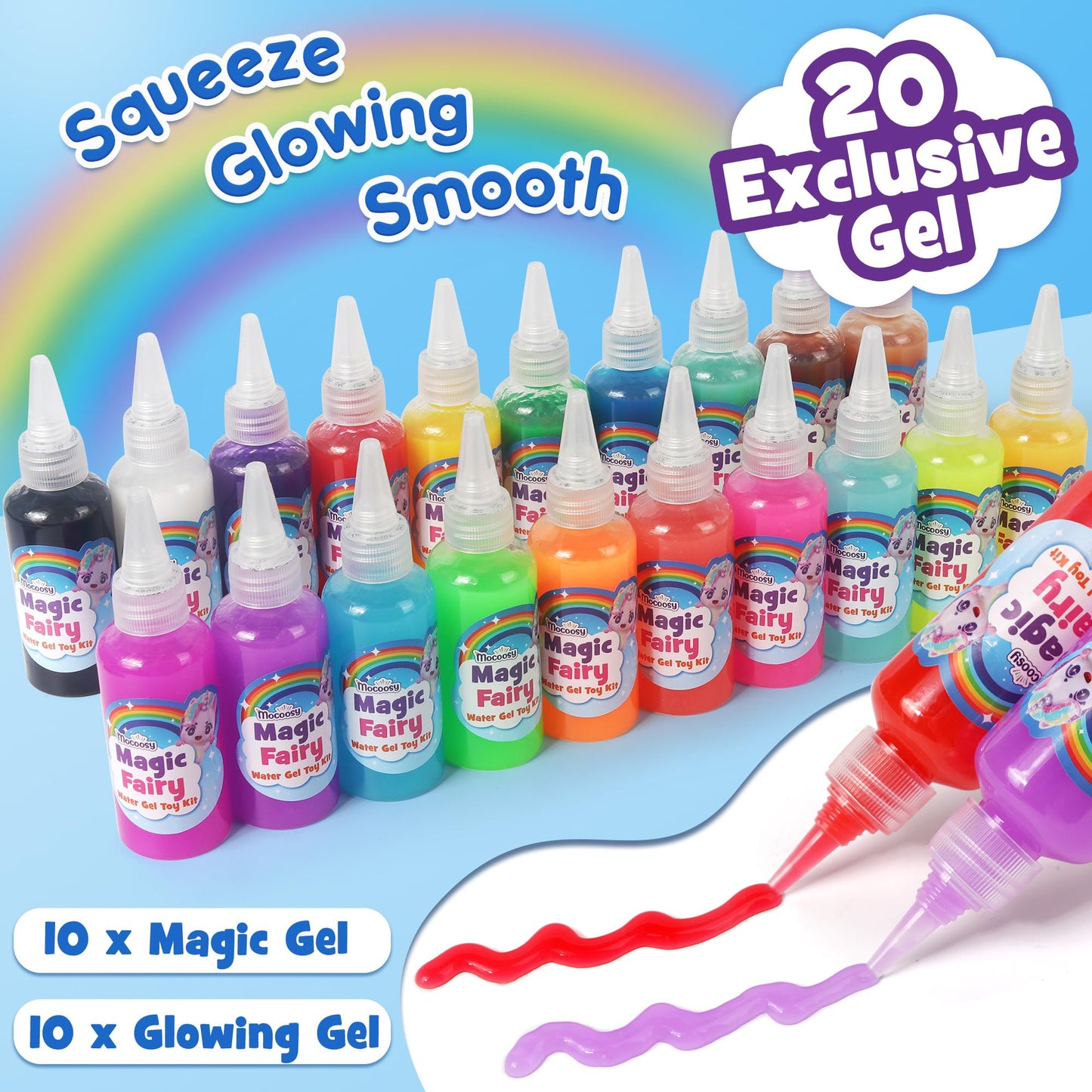 Mocoosy Magic Water Elf Toy Kit for Kids — Glow-in-the-Dark Aqua Gel Kit with 20 Gels & 16 Molds