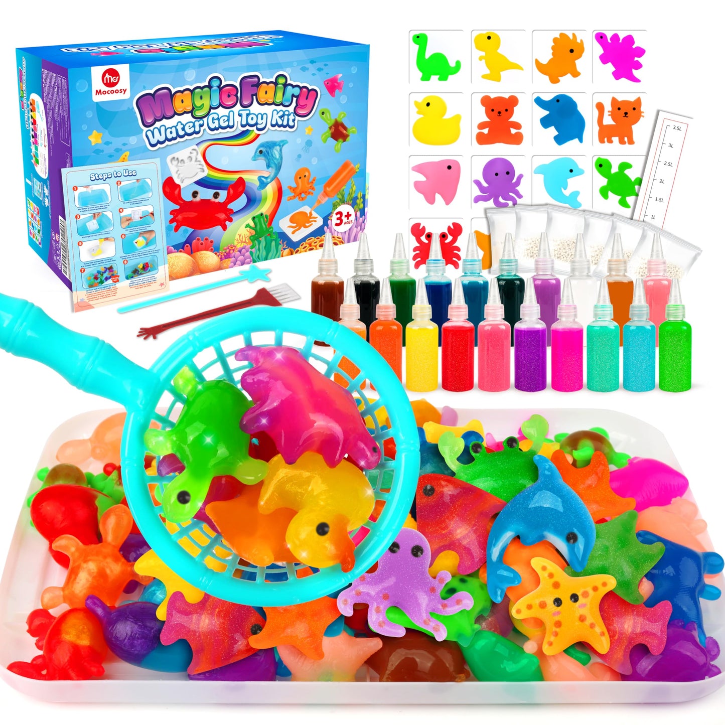 Mocoosy 20 Colors Magic Water Gel Kit for Kids – 16 Molds, 20 Aqua Gels, DIY Squishy Crafts
