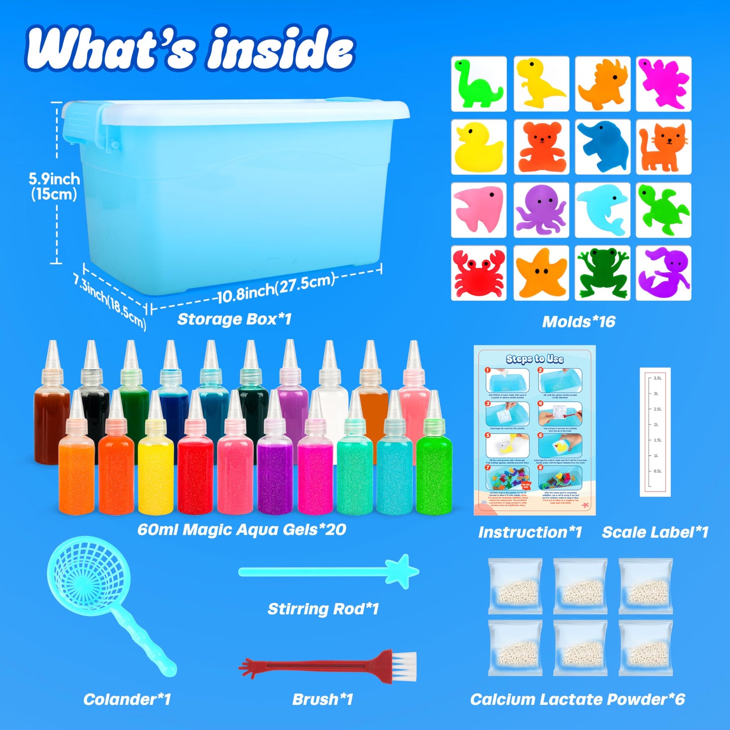Mocoosy 20 Colors Magic Water Gel Kit for Kids – 16 Molds, 20 Aqua Gels, DIY Squishy Crafts
