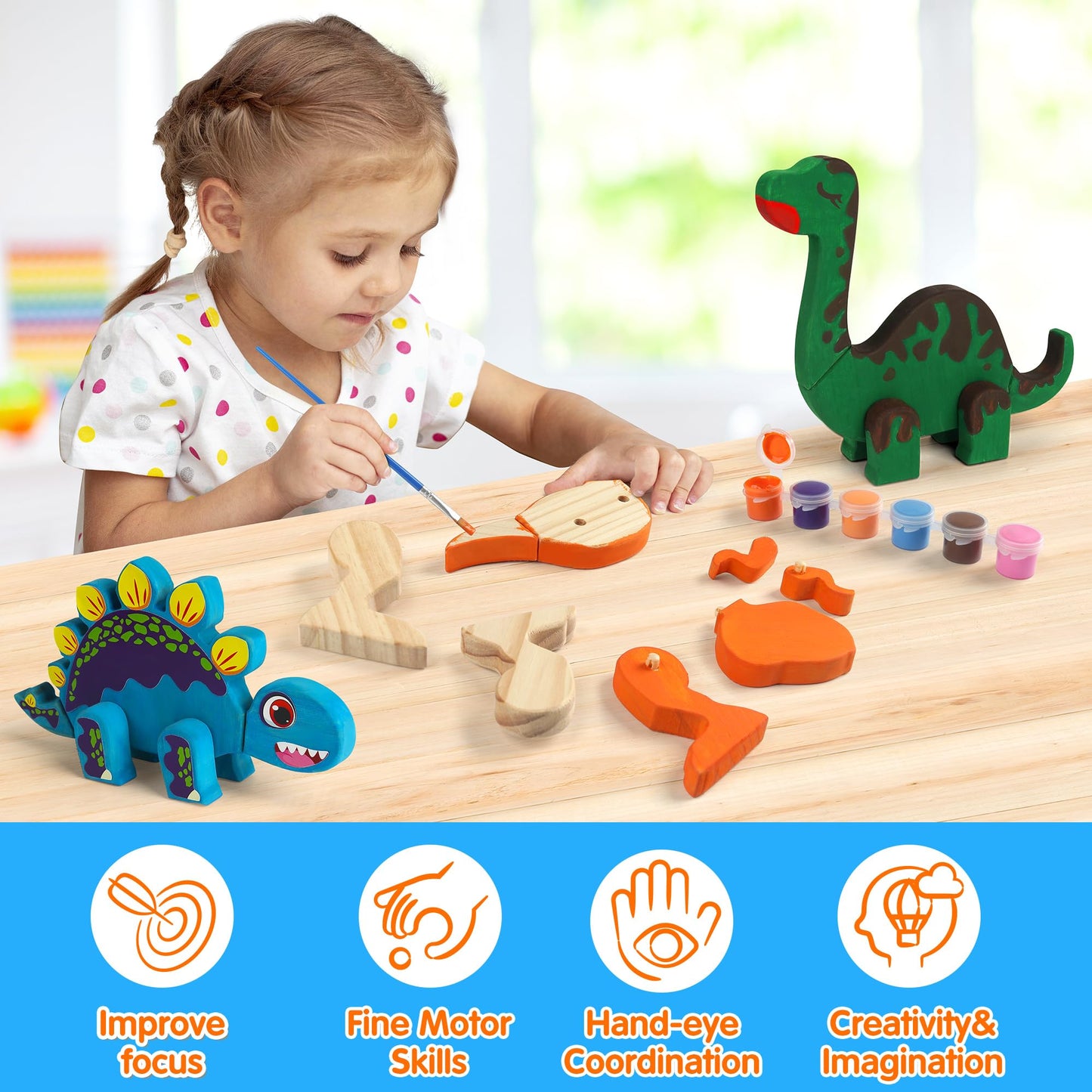 Mocoosy Wooden Dinosaur Craft Kit for Kids 3-5 — Build, Paint & Decorate 4 Dinosaurs