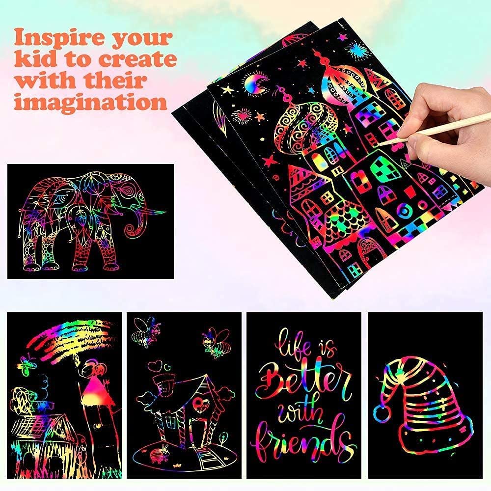 Mocoosy Rainbow Scratch Art Paper Set – 60 Pcs Kit with Stencils & Wooden Stylus