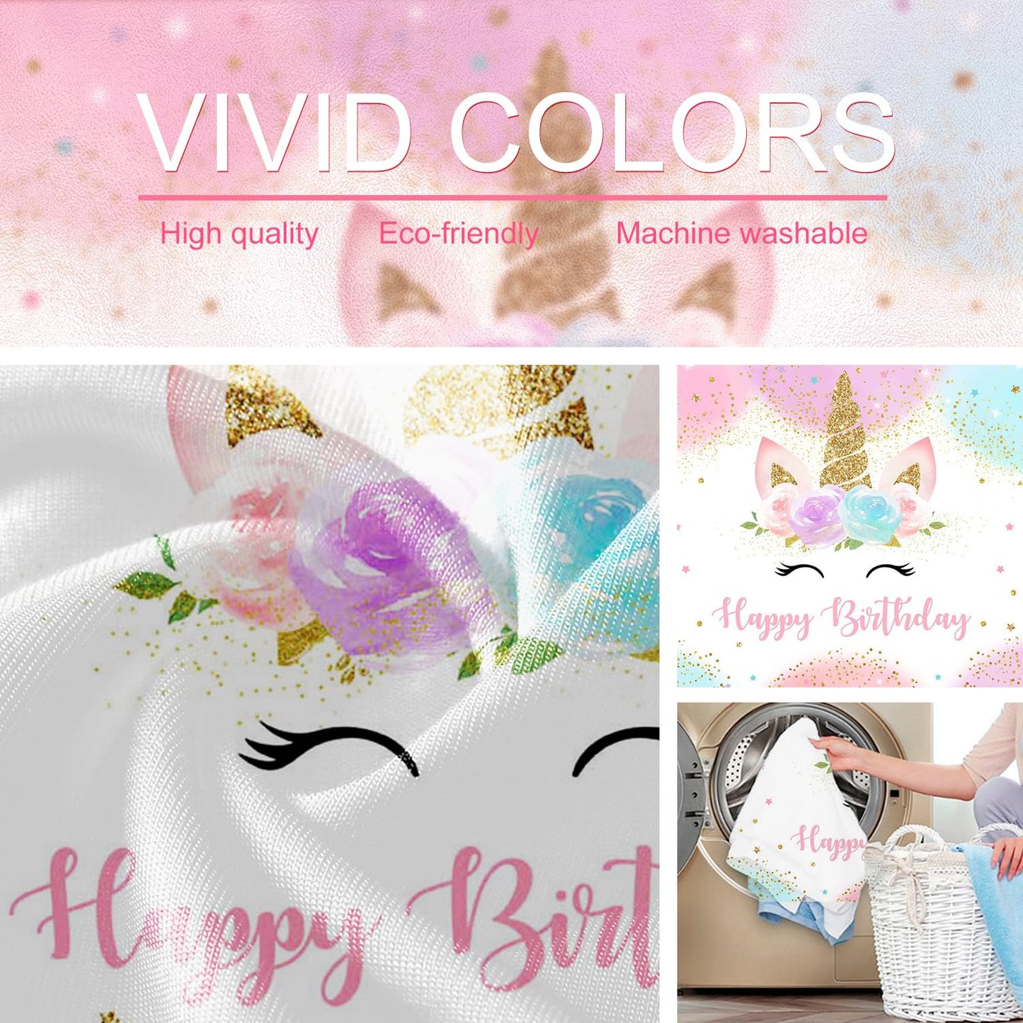 Mocsicka Unicorn Birthday Backdrop 5x3ft | Pastel Rainbow Glitter Stars & Dots