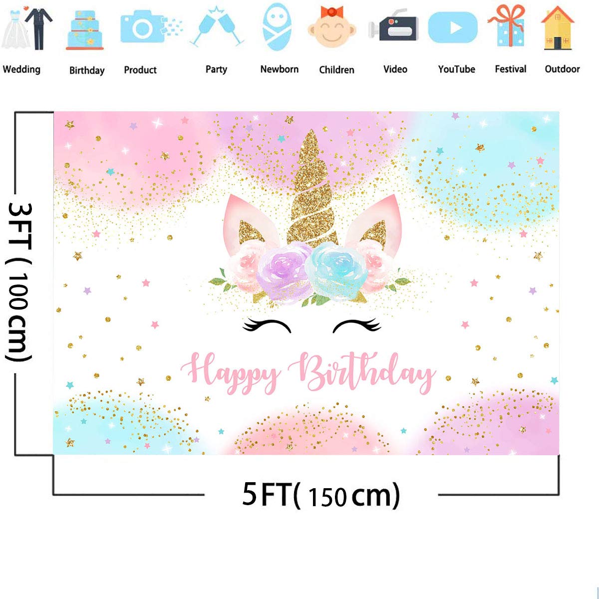 Mocsicka Unicorn Birthday Backdrop 5x3ft | Pastel Rainbow Glitter Stars & Dots