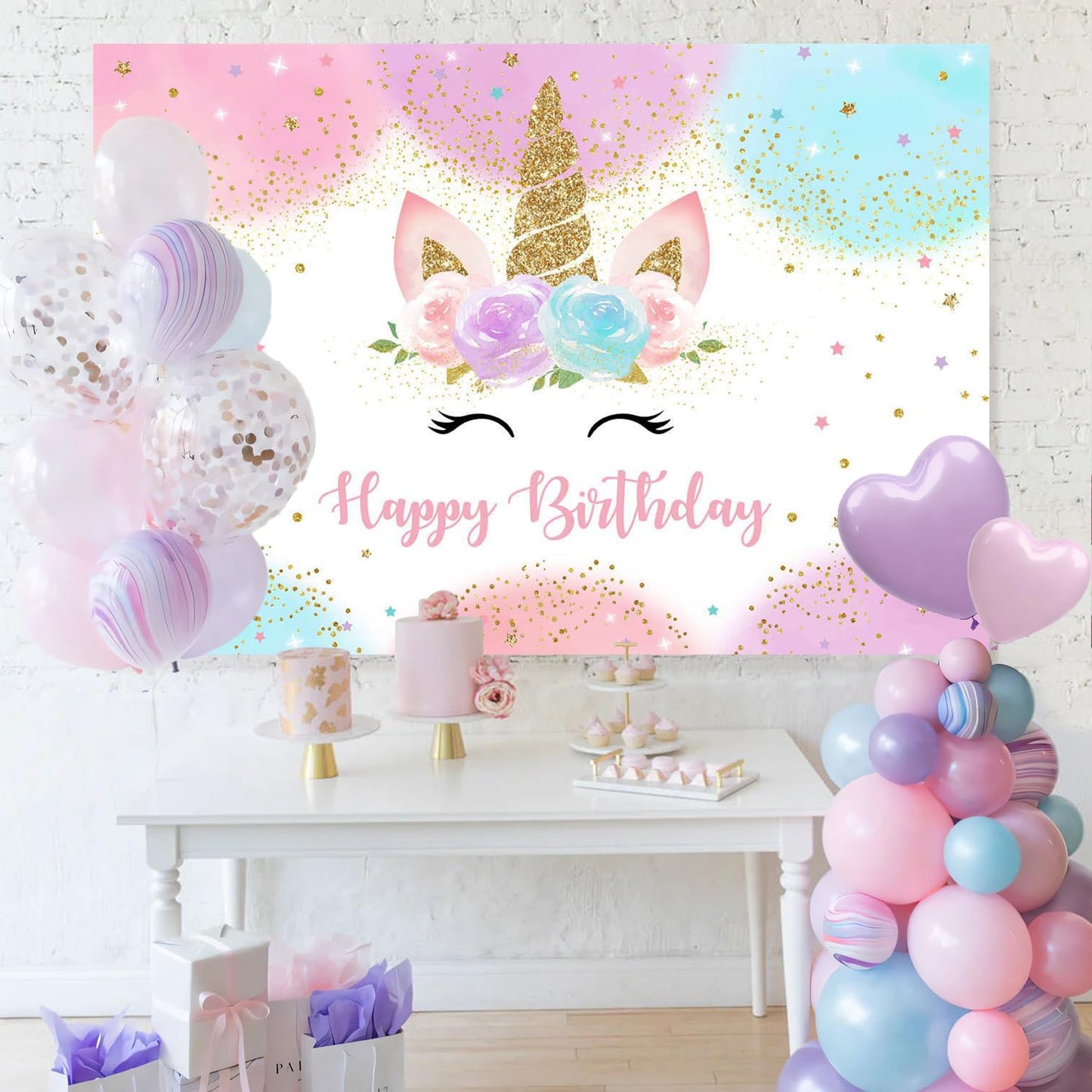 Mocsicka Unicorn Birthday Backdrop 5x3ft | Pastel Rainbow Glitter Stars & Dots