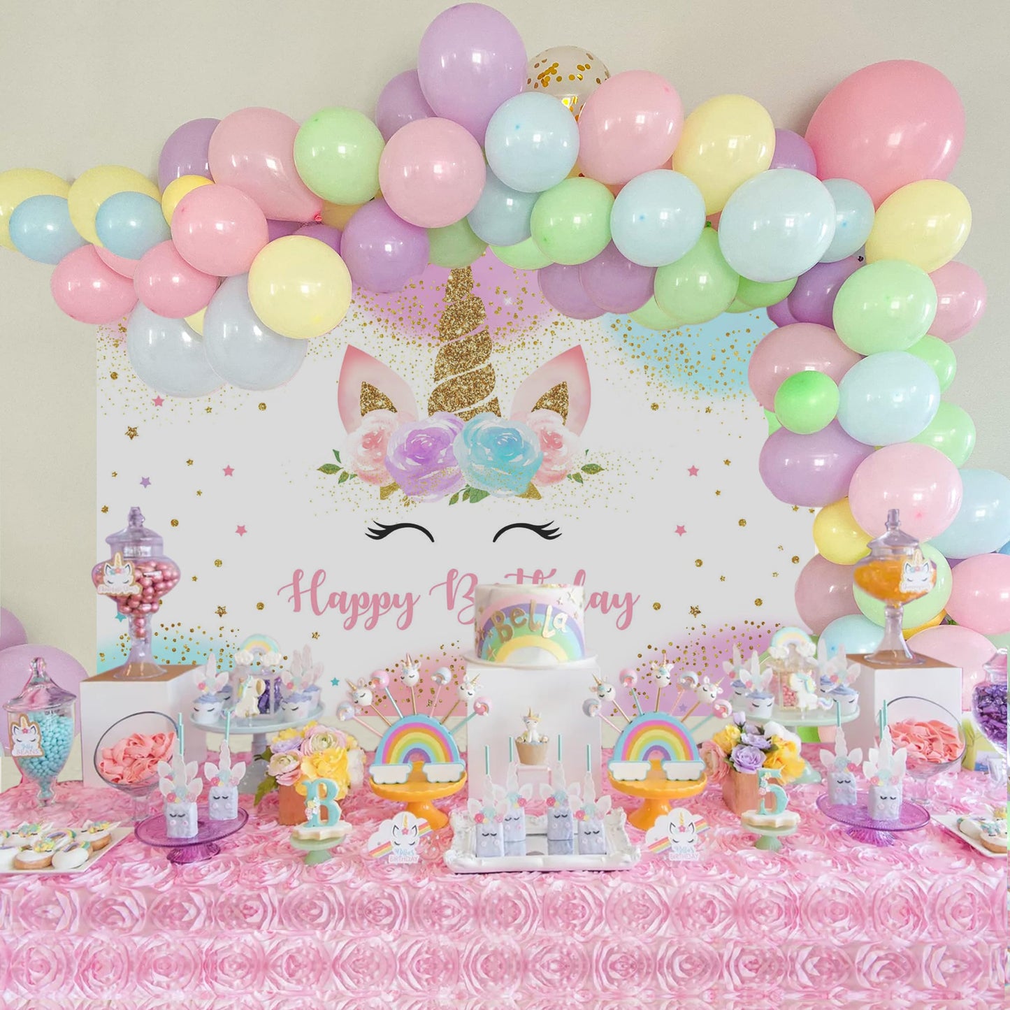 Mocsicka Unicorn Birthday Backdrop 5x3ft | Pastel Rainbow Glitter Stars & Dots