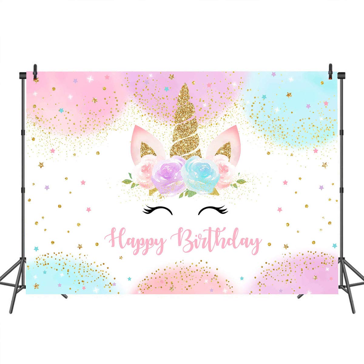 Mocsicka Unicorn Birthday Backdrop 5x3ft | Pastel Rainbow Glitter Stars & Dots
