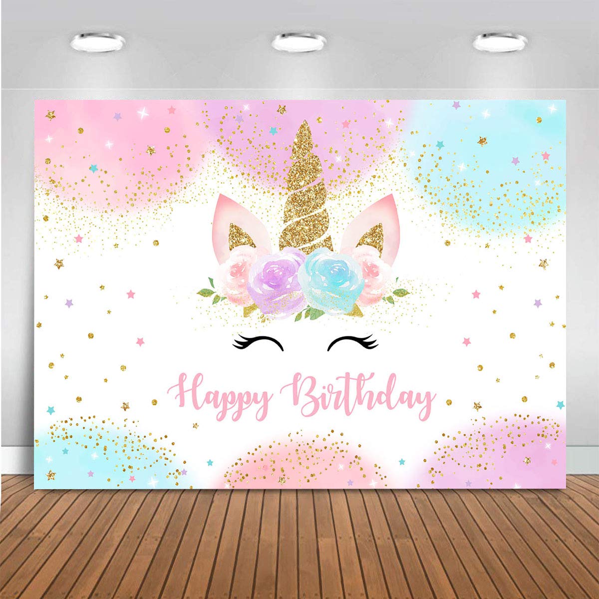 Mocsicka Unicorn Birthday Backdrop 5x3ft | Pastel Rainbow Glitter Stars & Dots