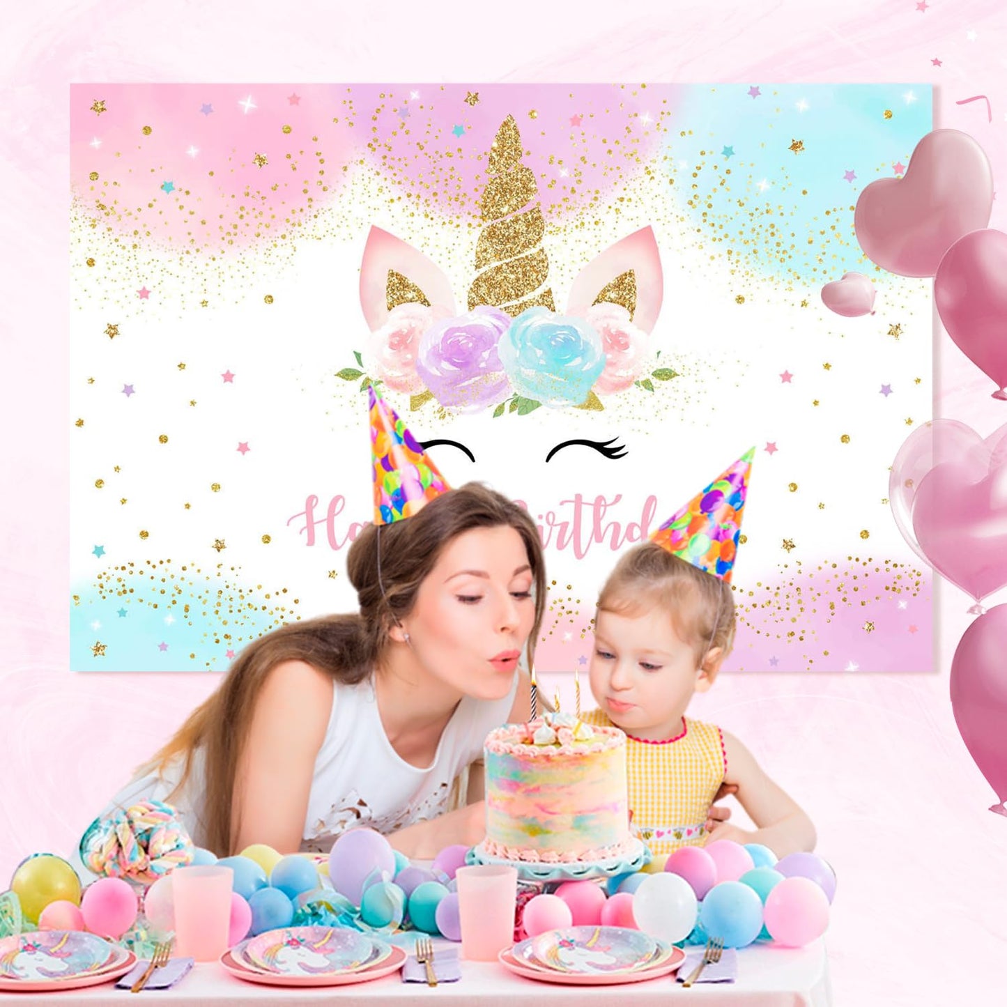 Mocsicka Unicorn Birthday Backdrop 5x3ft | Pastel Rainbow Glitter Stars & Dots