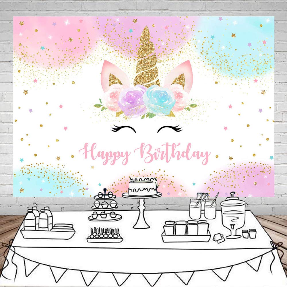Mocsicka Unicorn Birthday Backdrop 5x3ft | Pastel Rainbow Glitter Stars & Dots