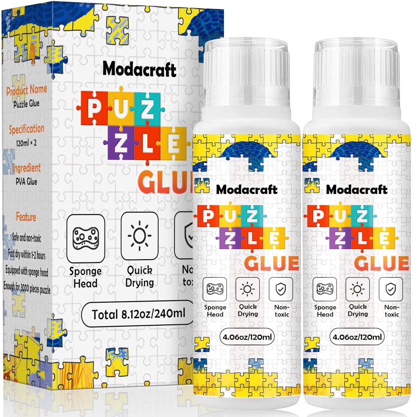 Modacraft 2-Pack 120ml Jigsaw Glue with Sponge Head – Clear, Quick-Dry, Safe PVA, 240ml Total
