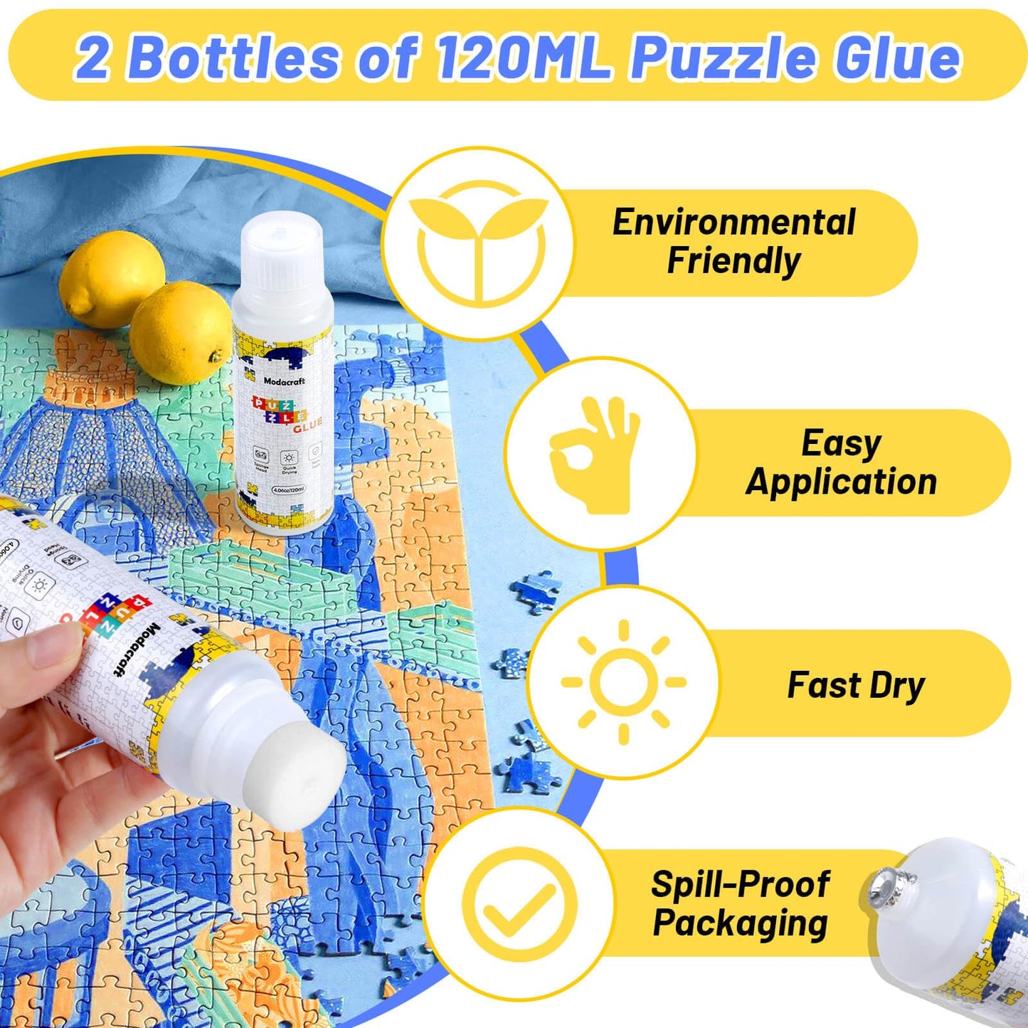 Modacraft 2-Pack 120ml Jigsaw Glue with Sponge Head – Clear, Quick-Dry, Safe PVA, 240ml Total