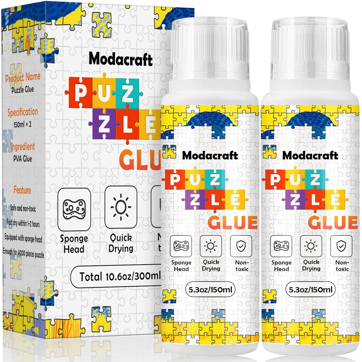 Modacraft Jigsaw Puzzle Glue | 2 Pack 150ml | Clear, Quick-Dry Glue with Sponge Head for 1000/3000/6000-Piece Puzzles