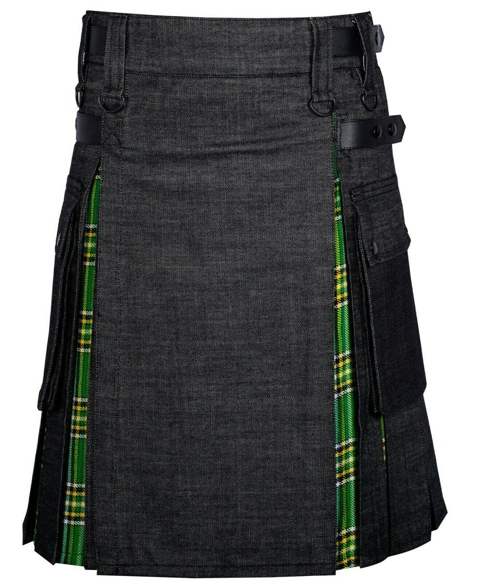 Modern Hybrid Black Denim & Irish Tartan Kilt Handmade Hybrid Utility Kilt