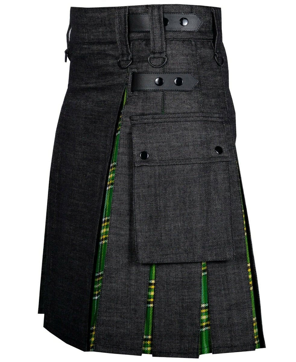 Modern Hybrid Black Denim & Irish Tartan Kilt Handmade Hybrid Utility Kilt