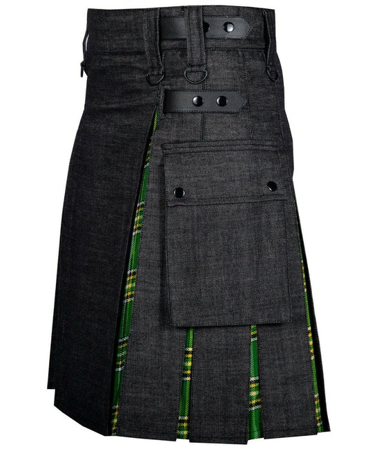 Modern Hybrid Black Denim & Irish Tartan Kilt Handmade Hybrid Utility Kilt