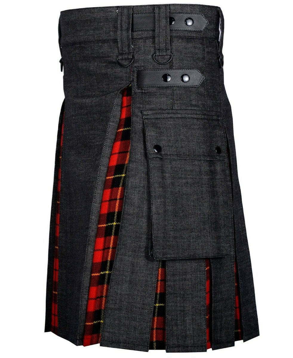 Modern Hybrid Black Denim & Wallace Tartan Kilt Handmade Hybrid Utility Kilt
