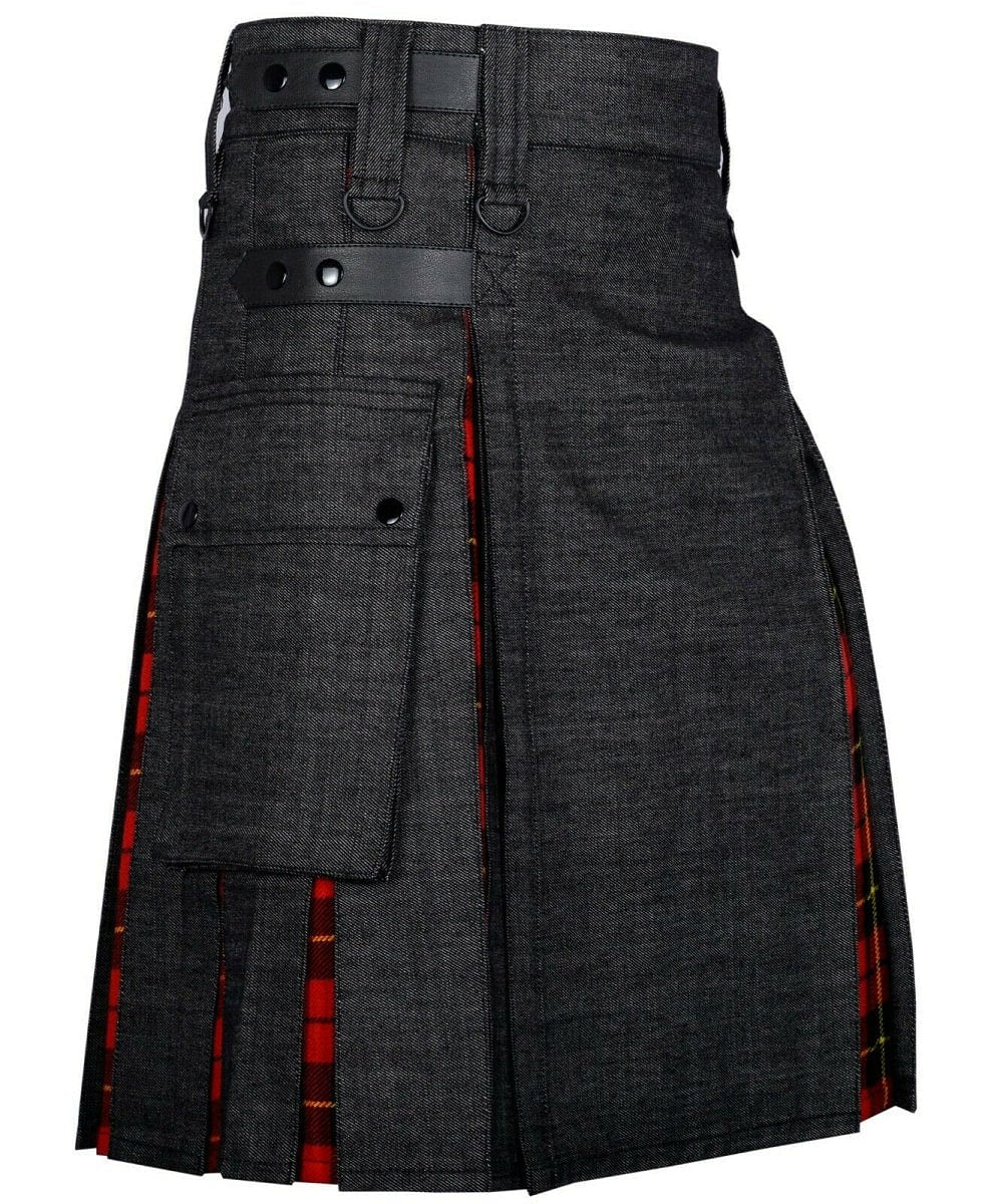 Modern Hybrid Black Denim & Wallace Tartan Kilt Handmade Hybrid Utility Kilt